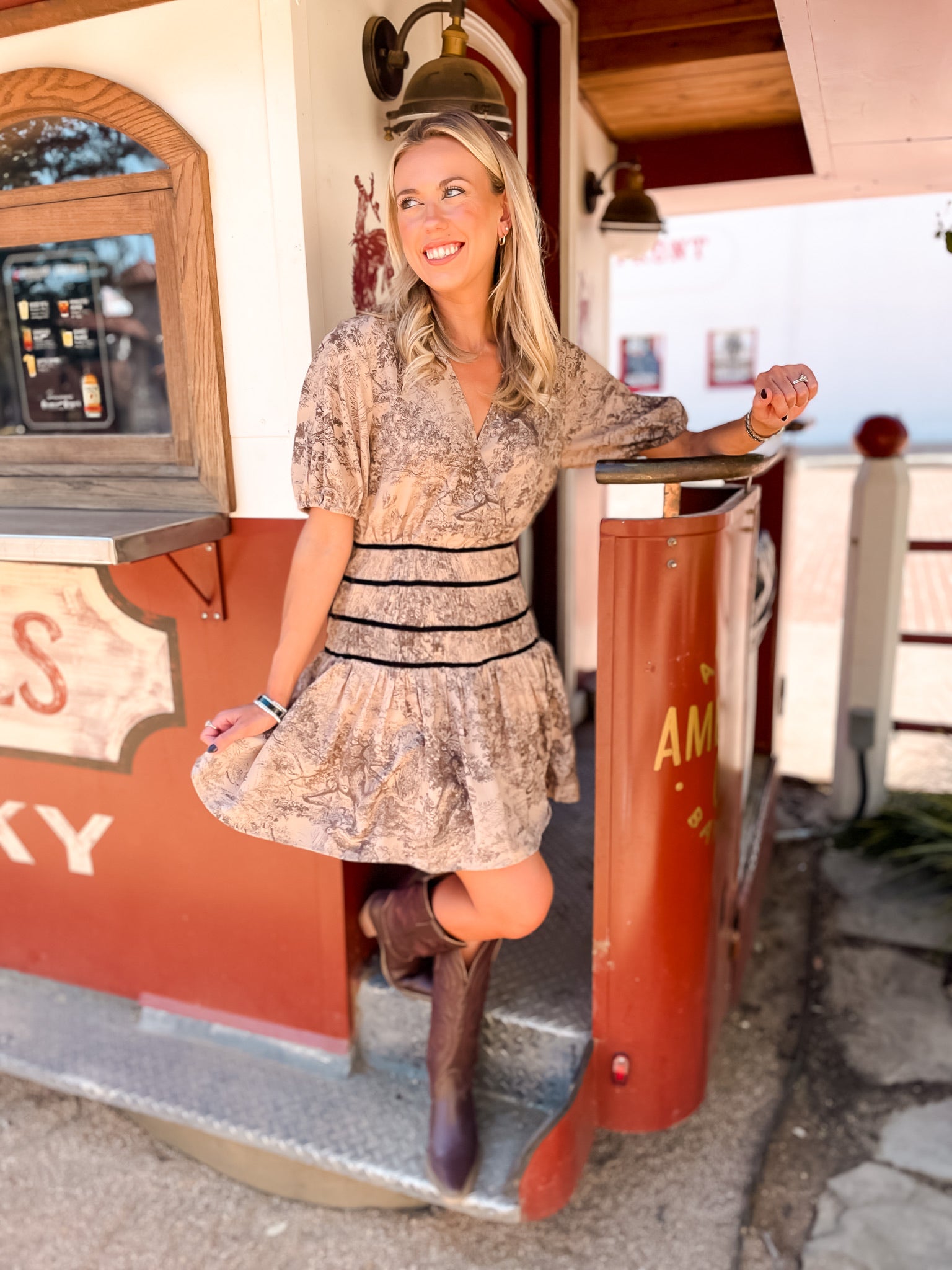 Toile Velvet Trim Dress - Mocha