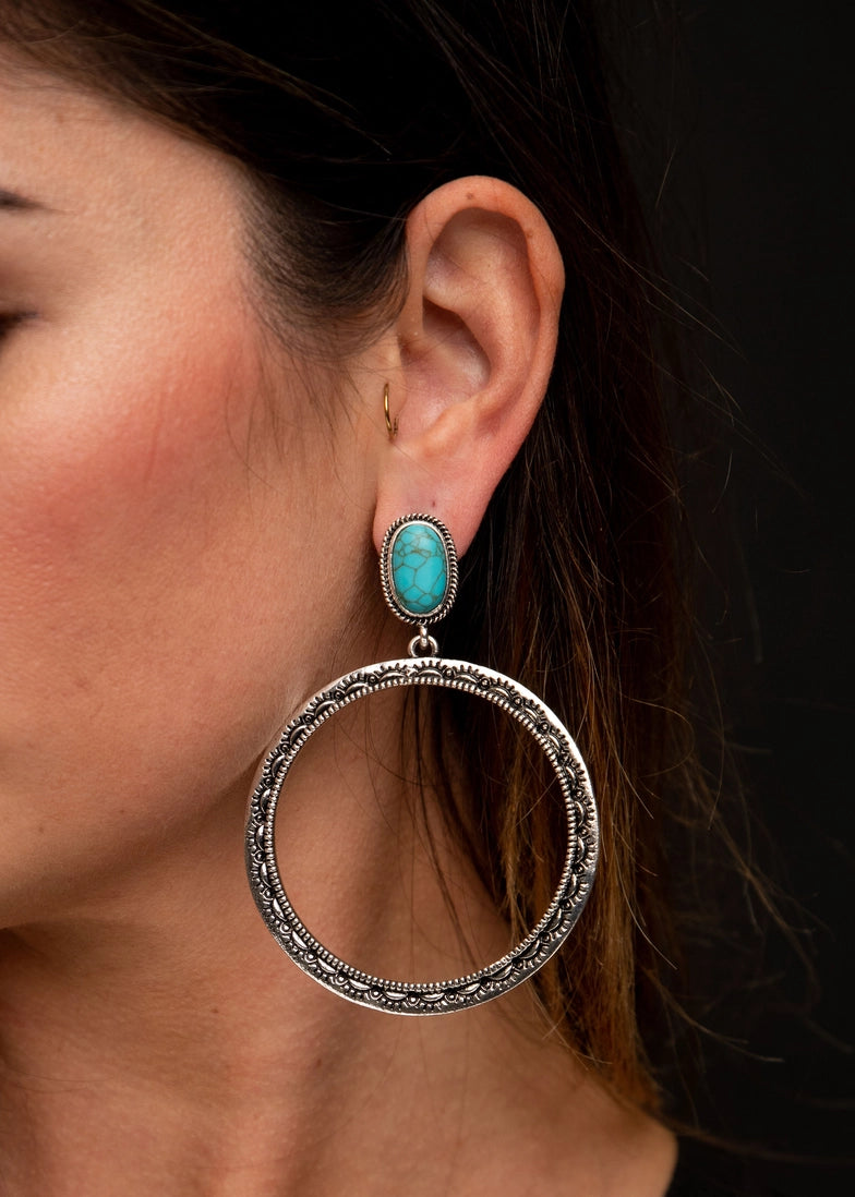 Burnish Silver Stamped Hoop Earring On Turquoise Post