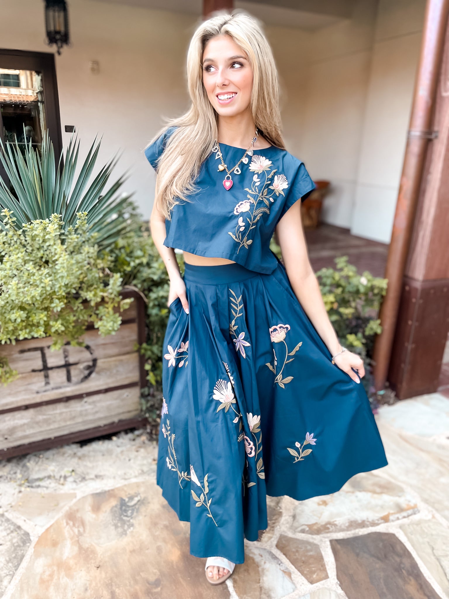 Floral Embroidered Crop Set - Navy