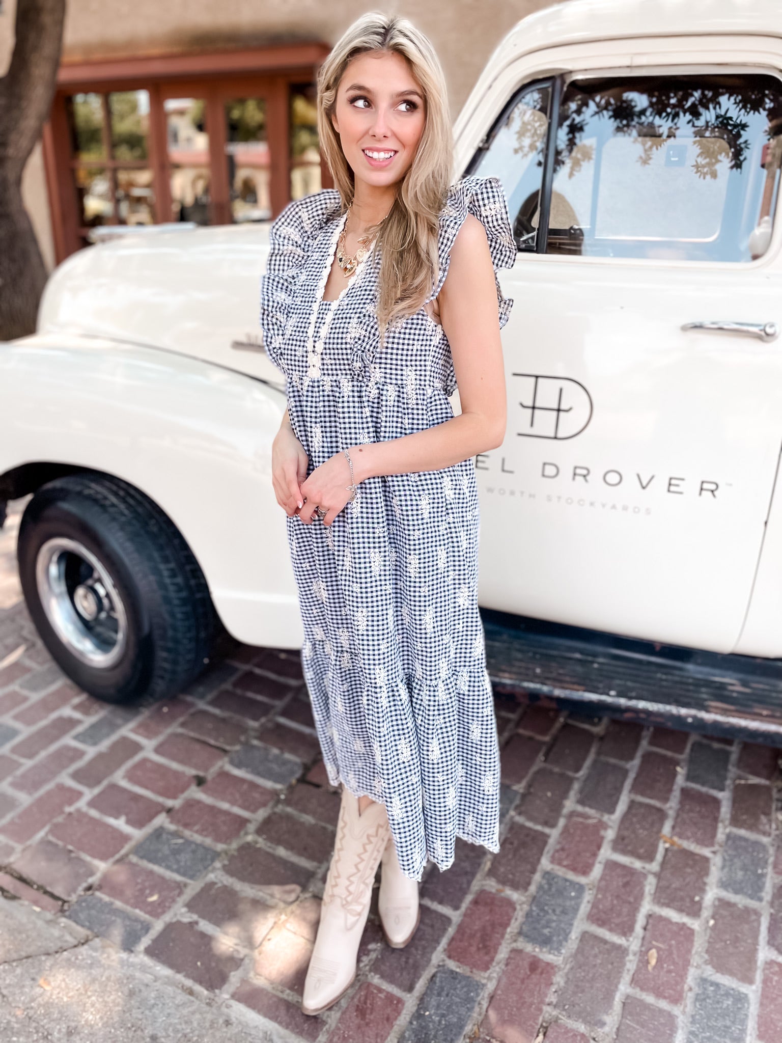 Embroidered Gingham Dress