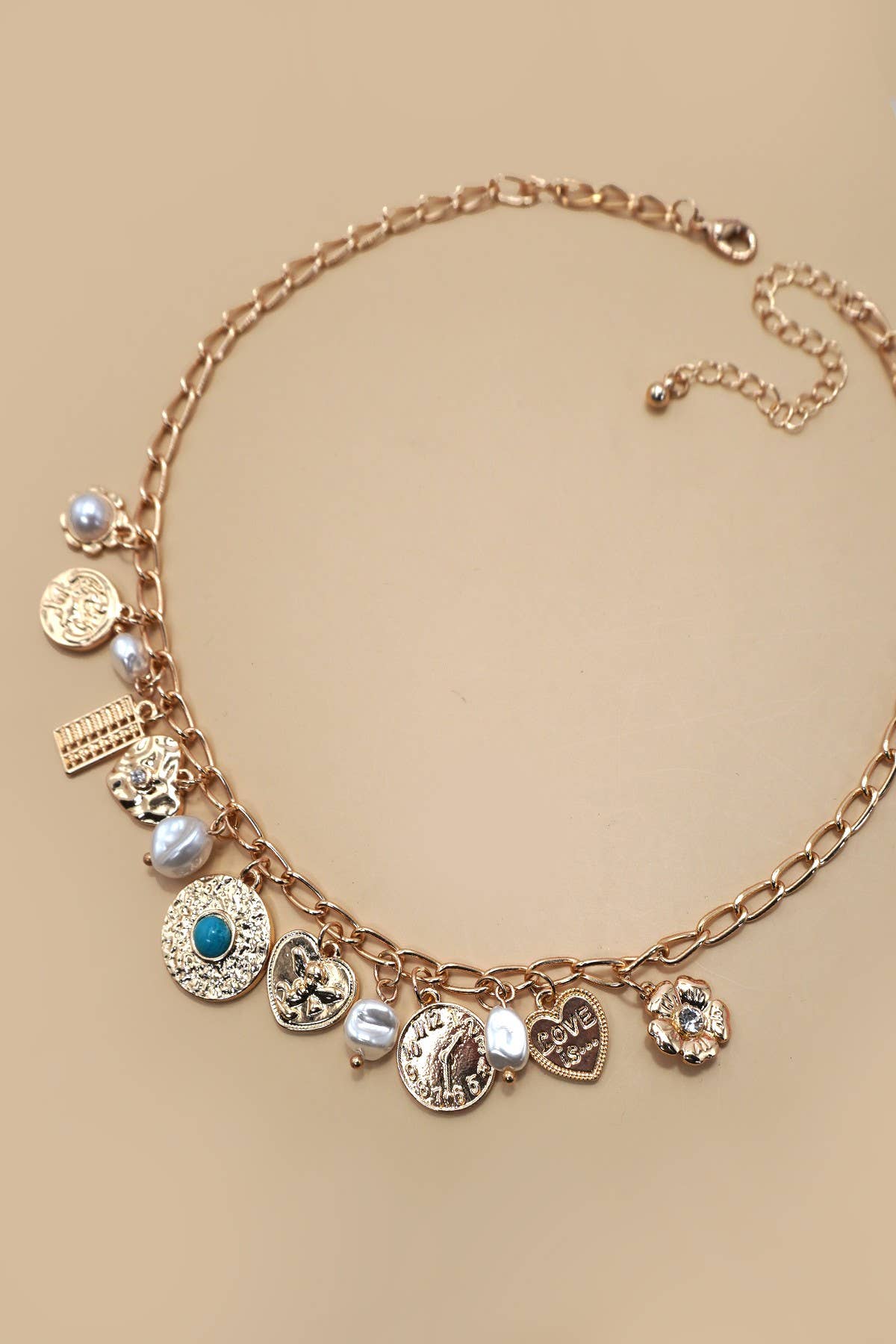 Turquoise Coin & Pearl Charm Necklace