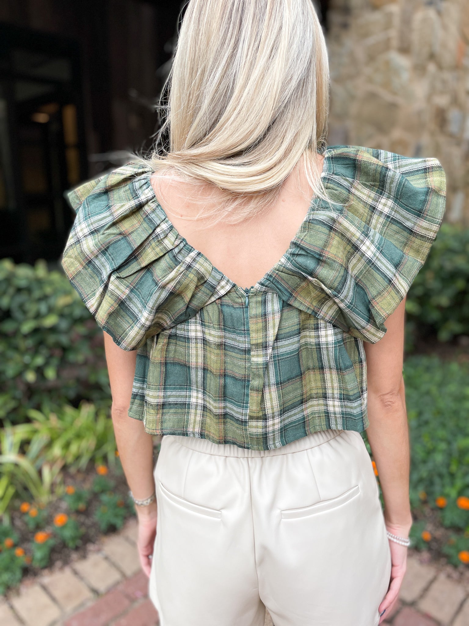 Plaid Ruffle Crop Top - Green