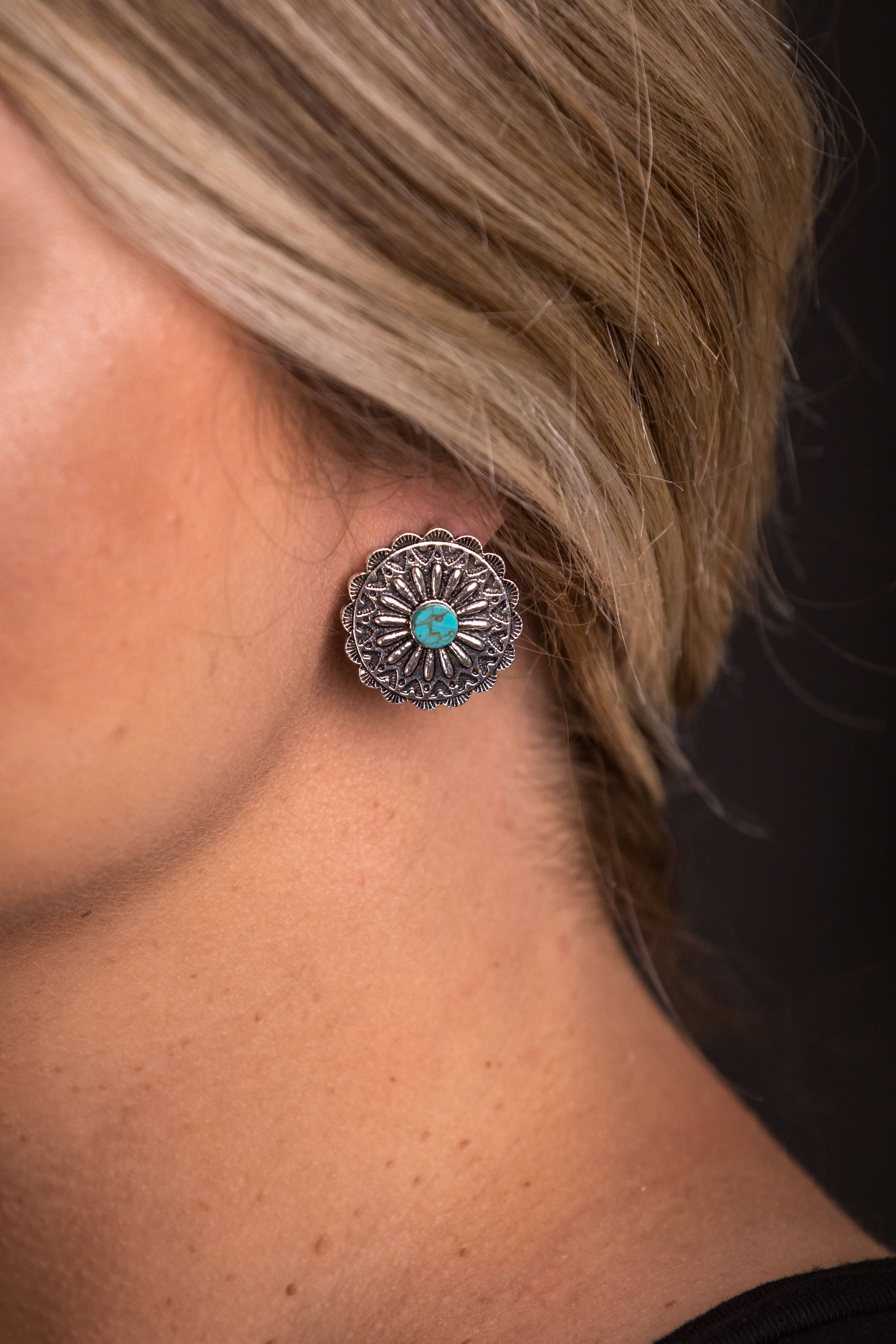 Burnished Flower Concho Earring - Turquoise Accent