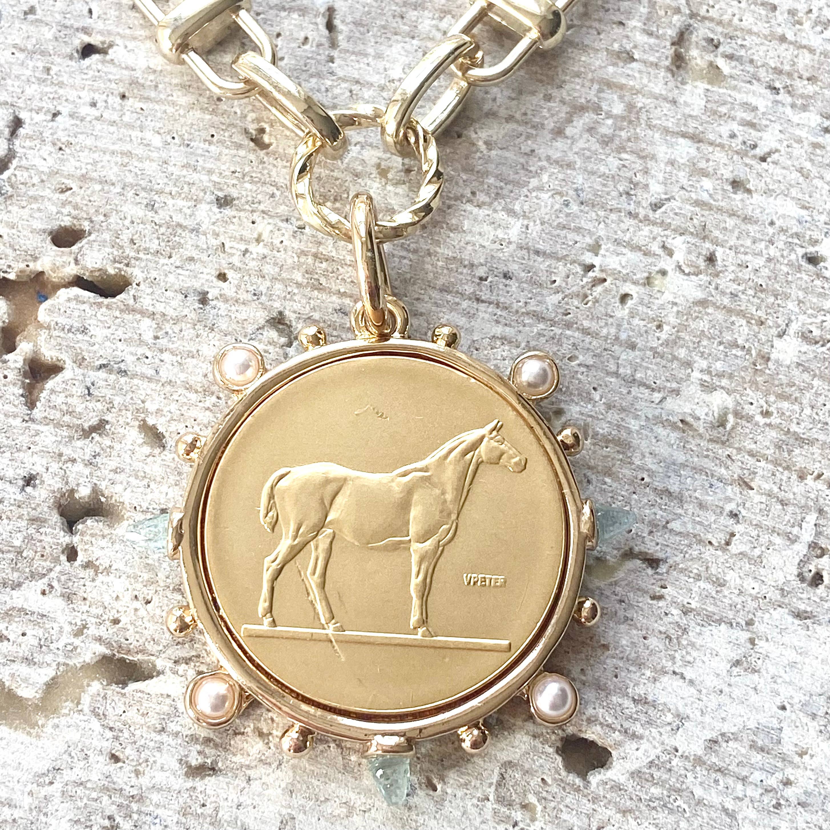 Freshwater Pearl Horse Coin Necklace - Gold