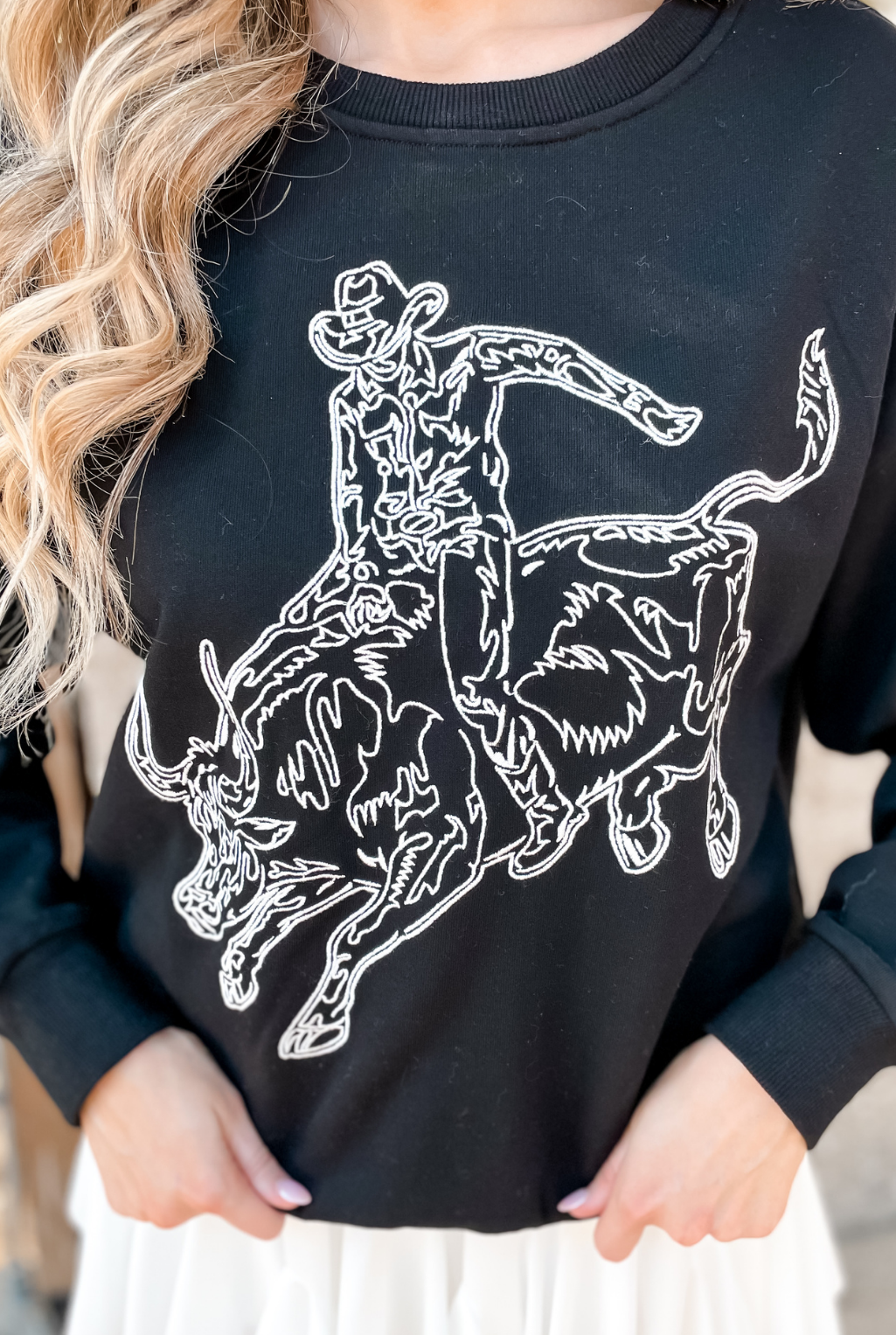 Embroidered Bull Rider Sweatshirt  - Black