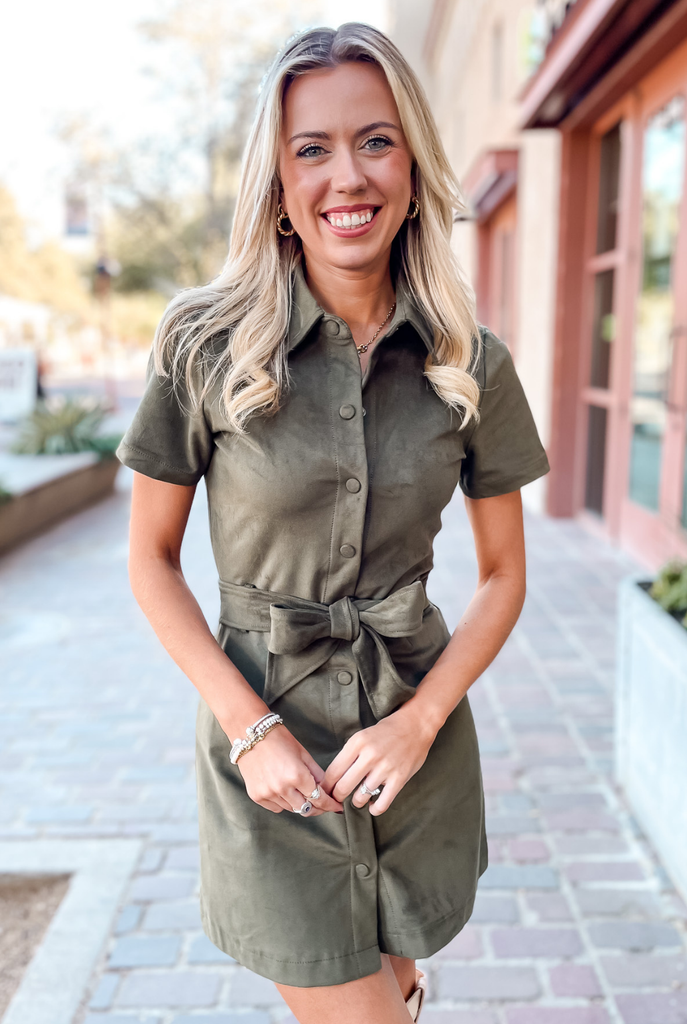 L’Or waist tuck shirt dress khaki Z Jolene Faux Suede Dress - Olive — Tucker Brown