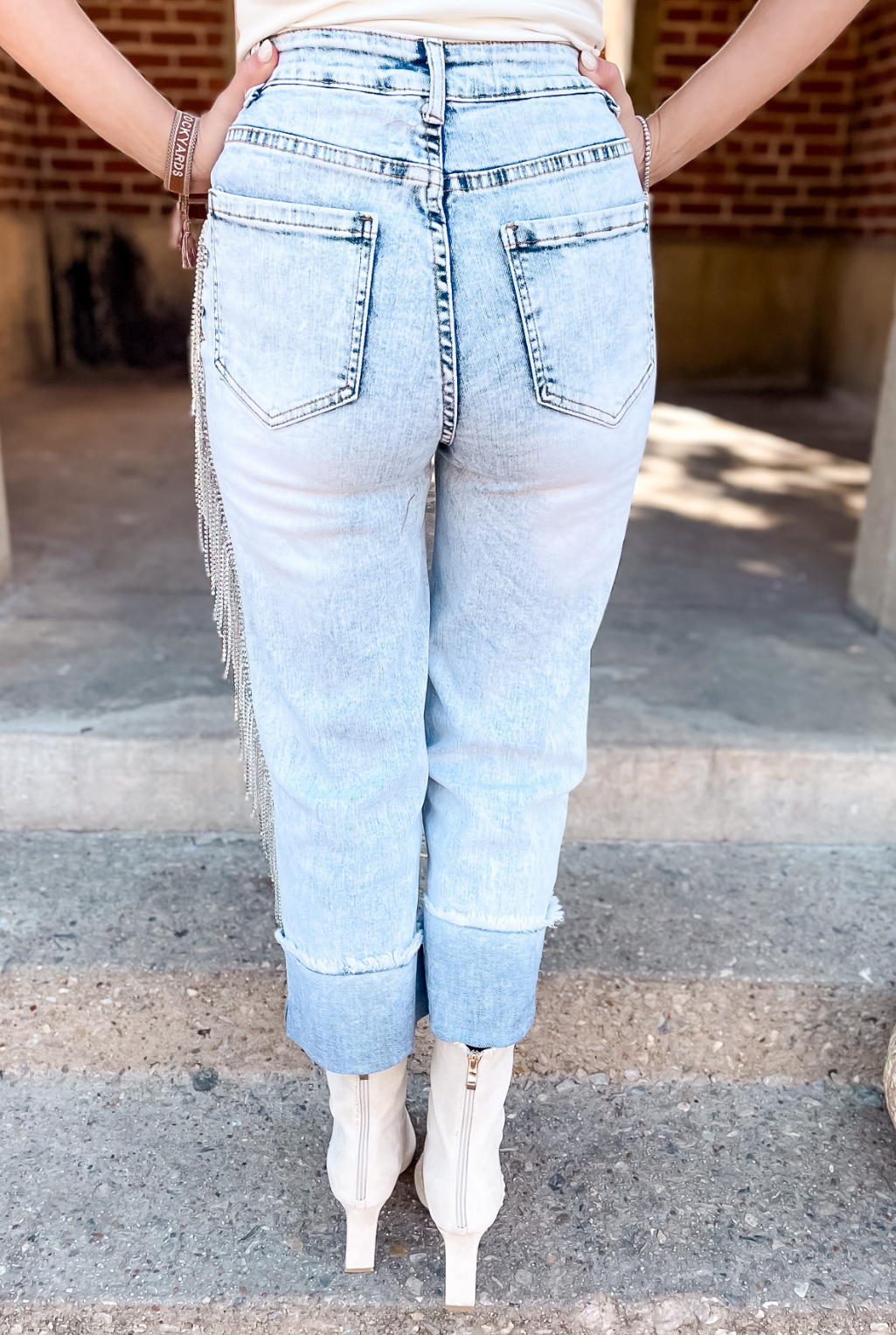 Folded Cuff Rhinestone Jeans