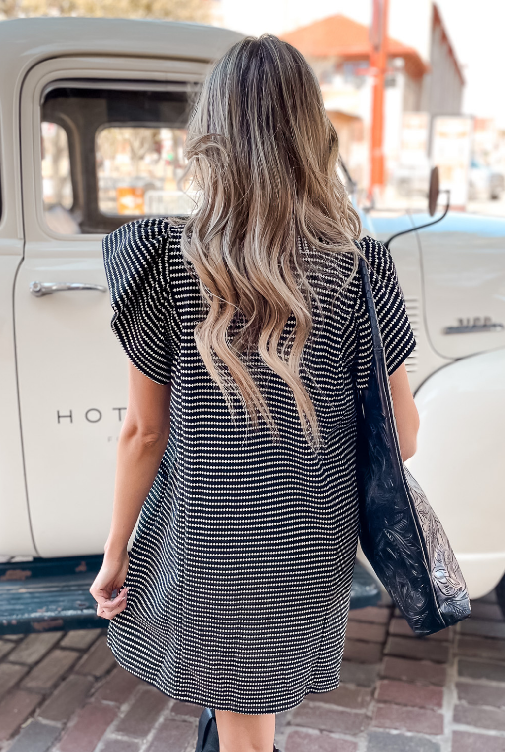 Textured Ruffle Sleeve Dress - Black