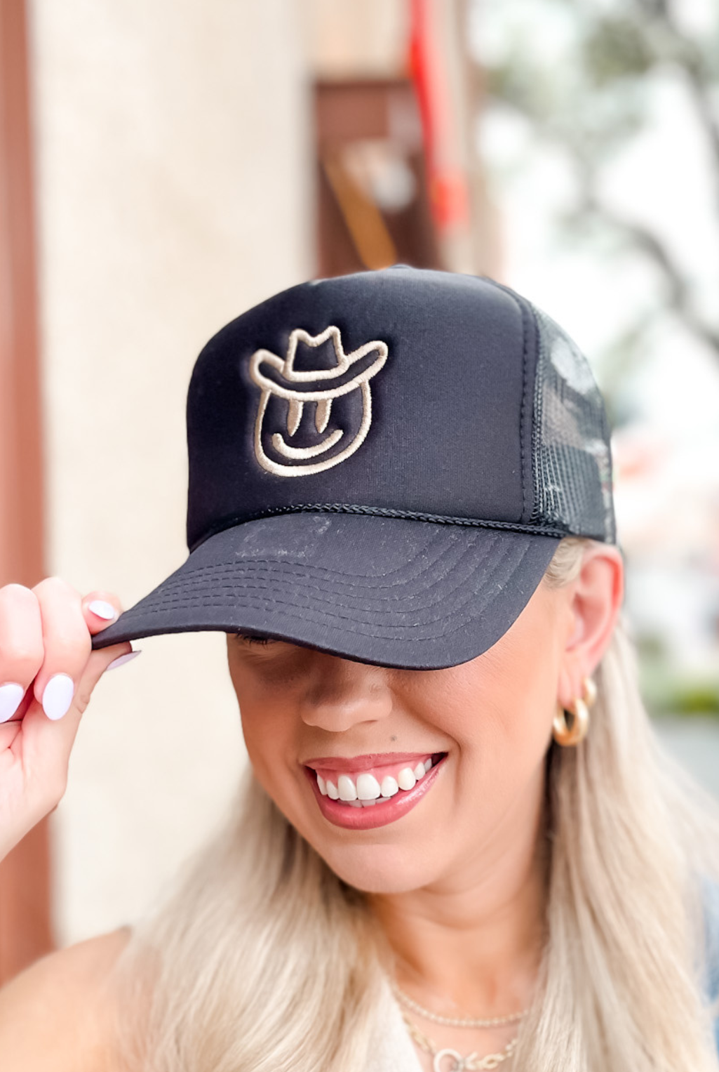 Smiley Cowboy Trucker Hat Black