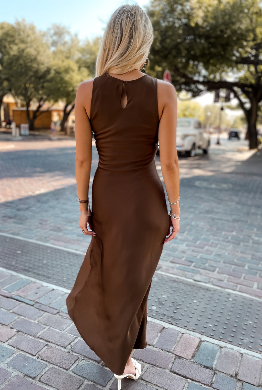 Sleeveless Satin Shirred Dress