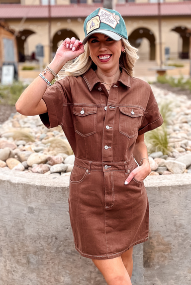 Double Pocket Denim Dress - Brown - Tucker Brown