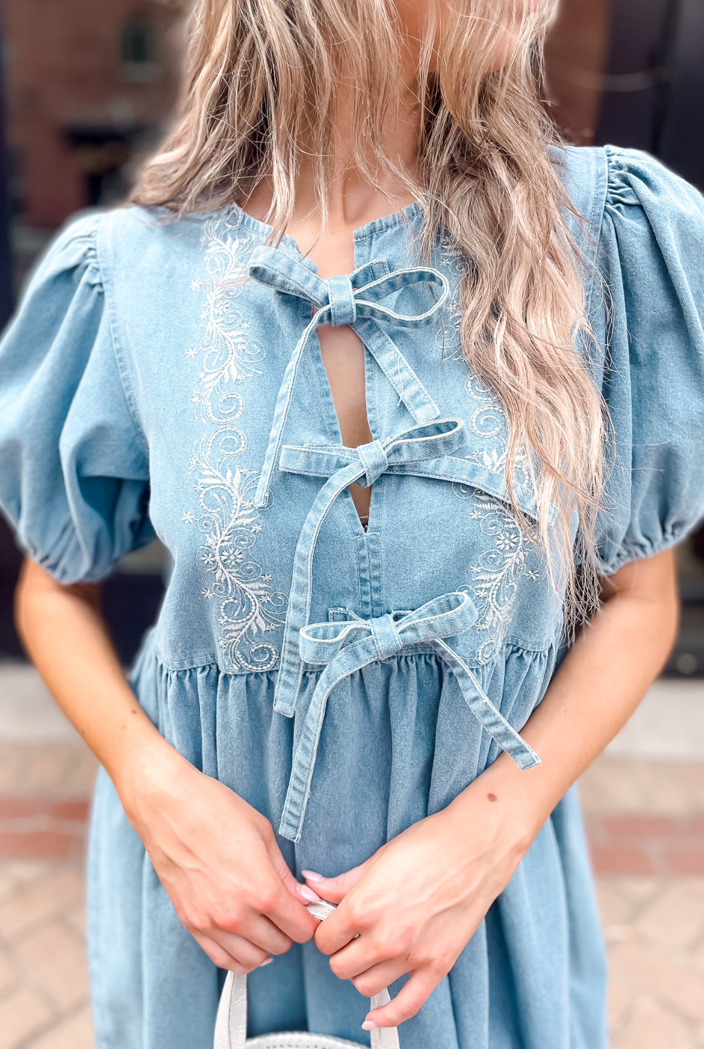 Tied Up Scrolls Denim Dress