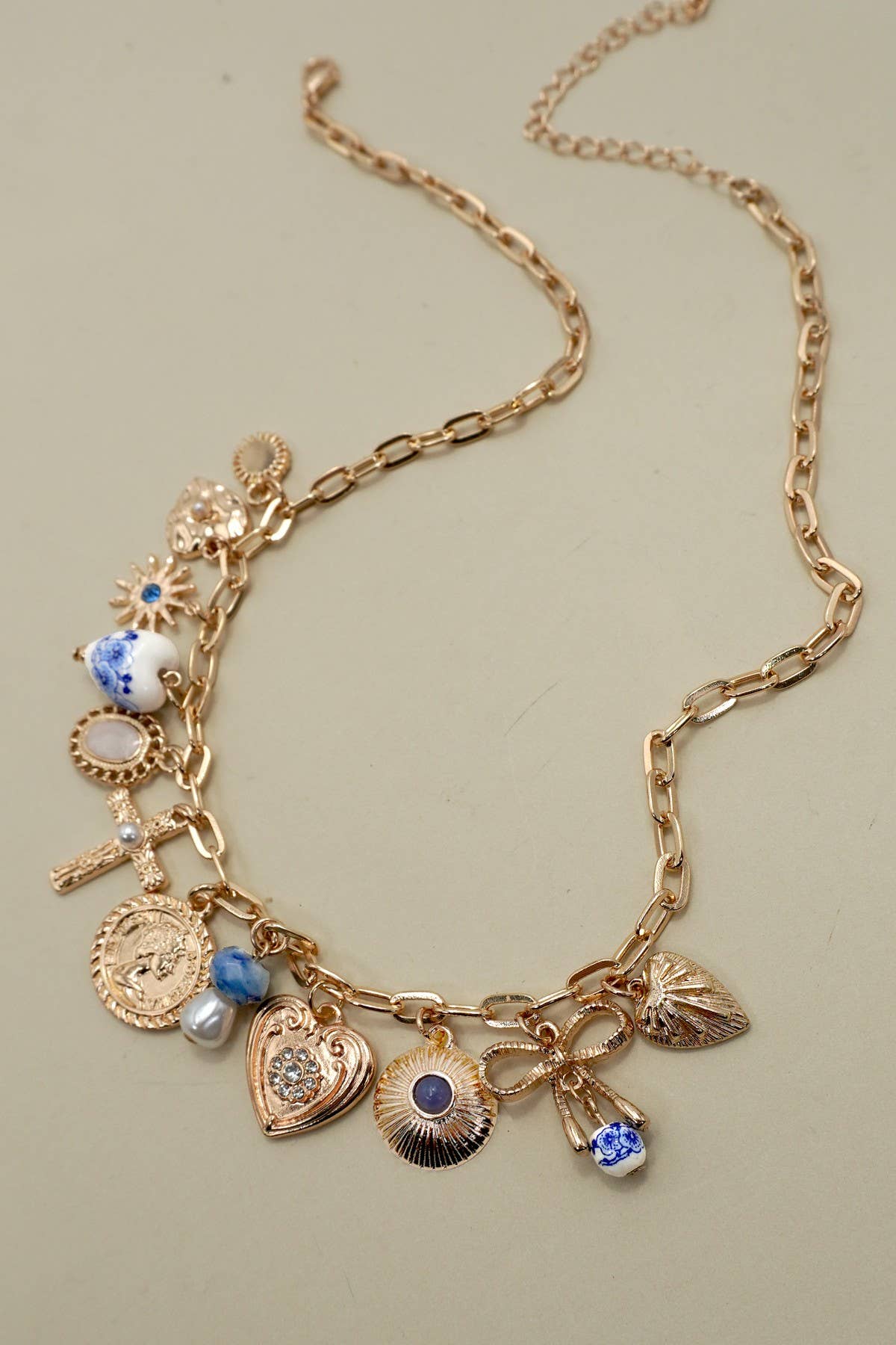 Blue Porcelain + Pearl Cross Charm Necklace