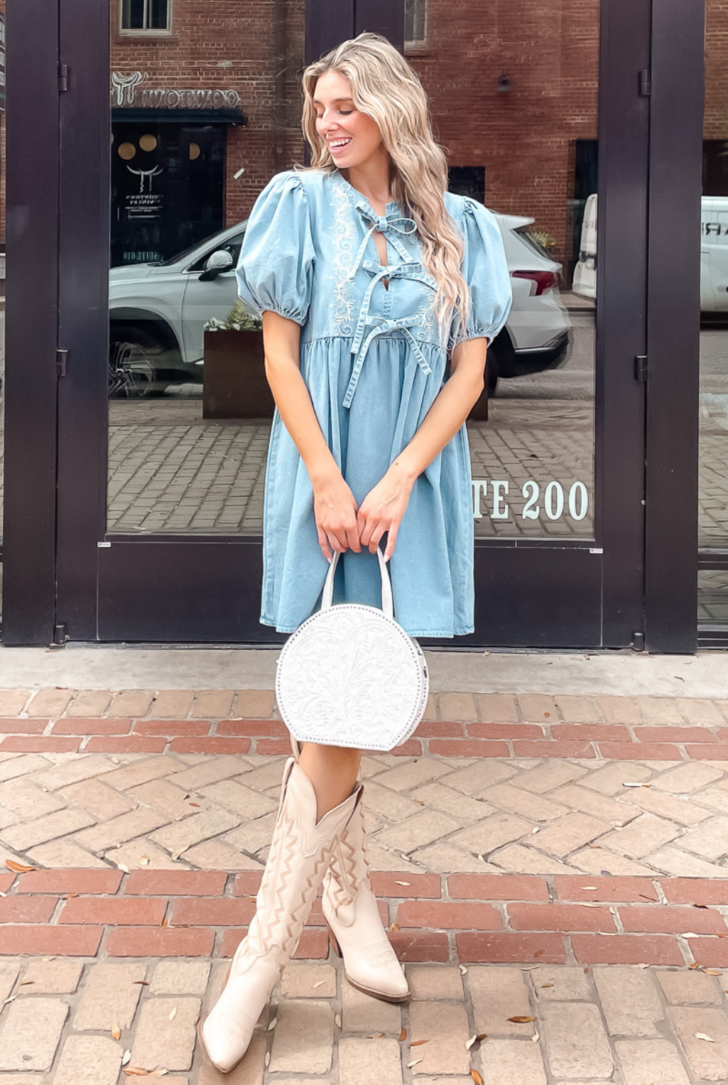 Tied Up Scrolls Denim Dress
