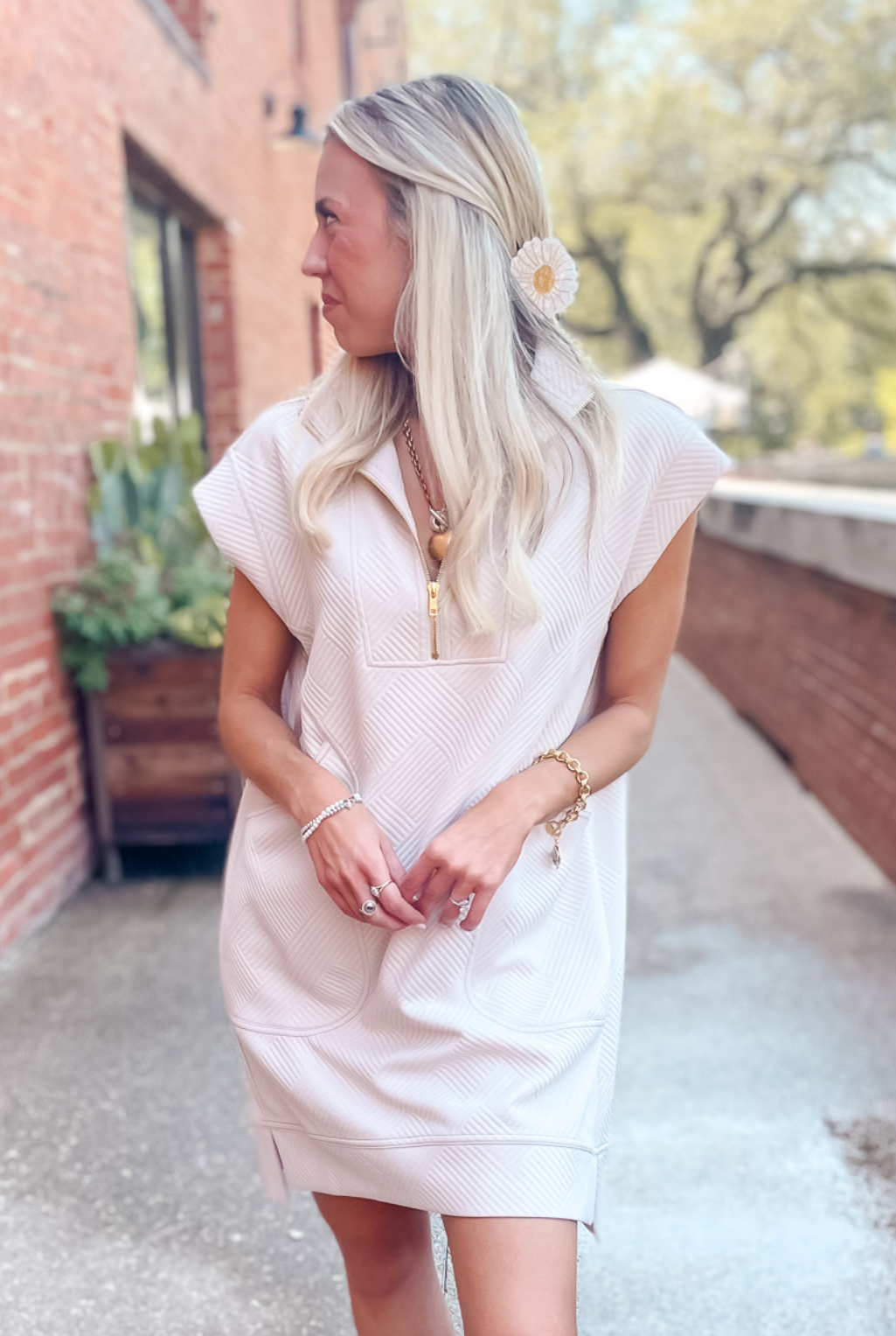 Embossed Zip Up Dress - Beige