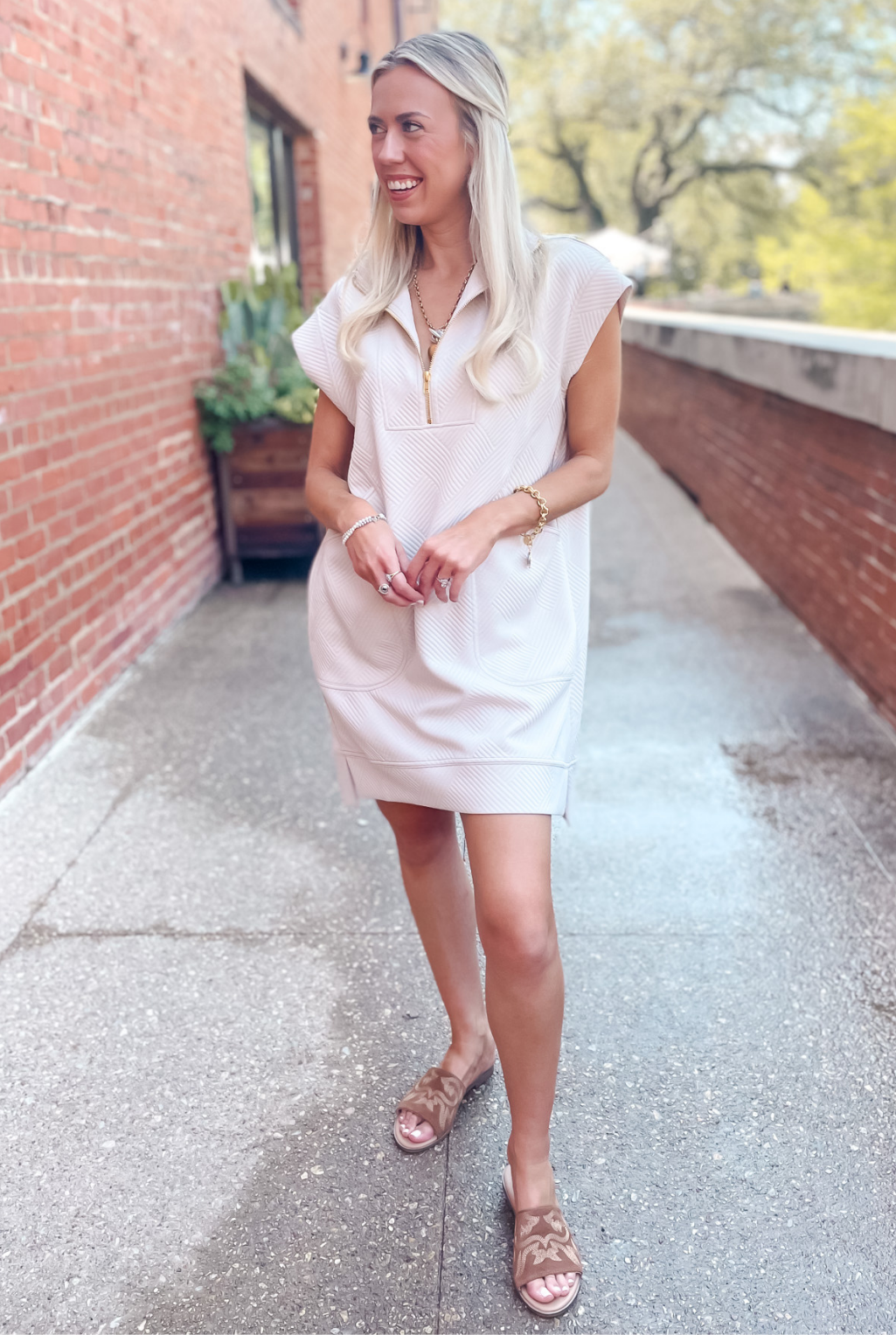 Embossed Zip Up Dress - Beige