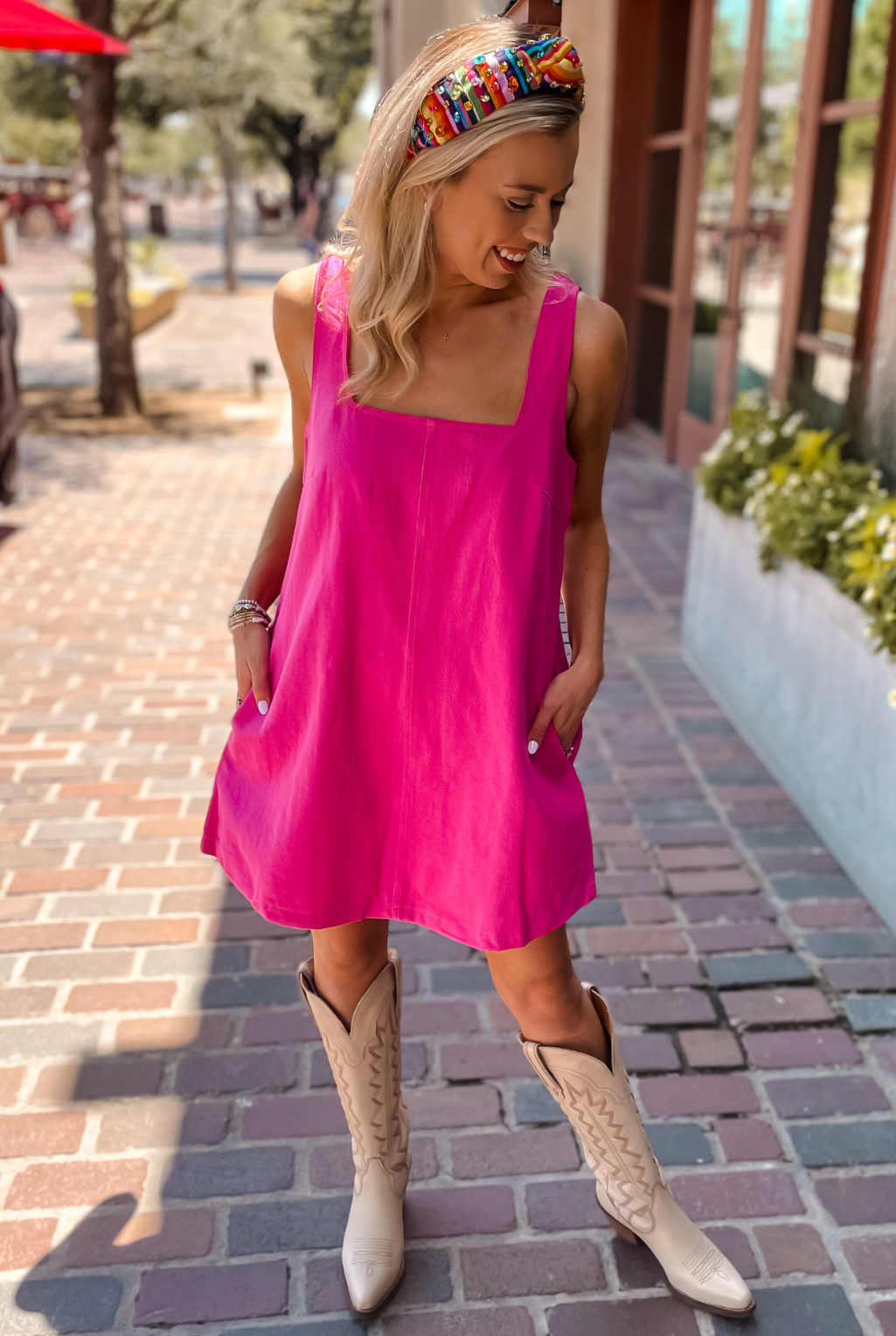 Square Neck Denim Dress - Pink
