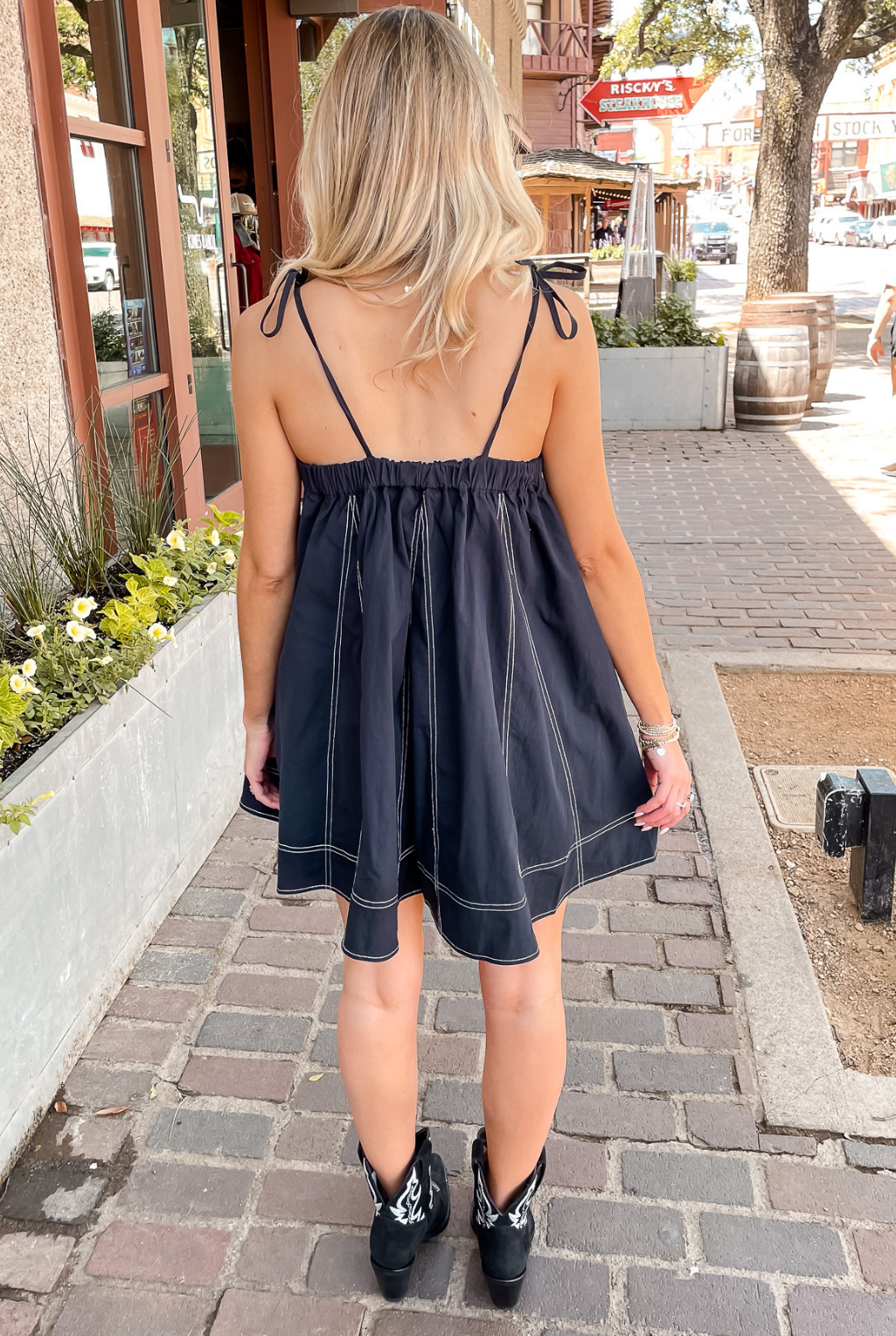 Top Stitch Denim Dress - Black