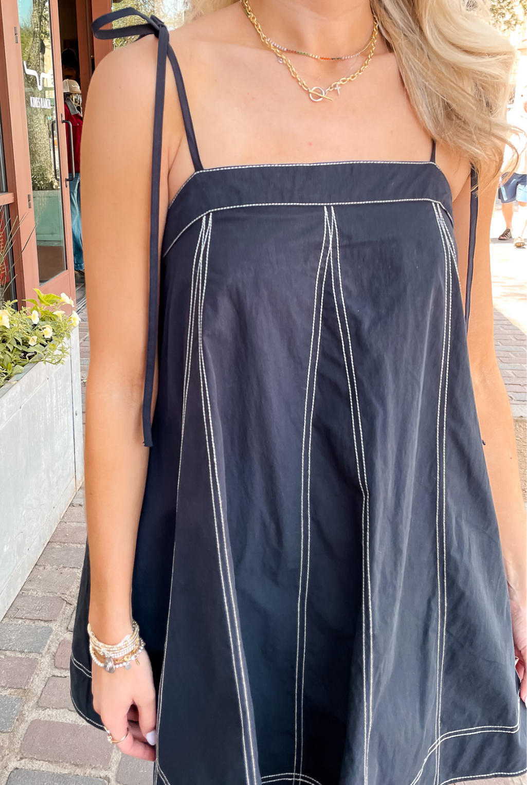 Top Stitch Denim Dress - Black