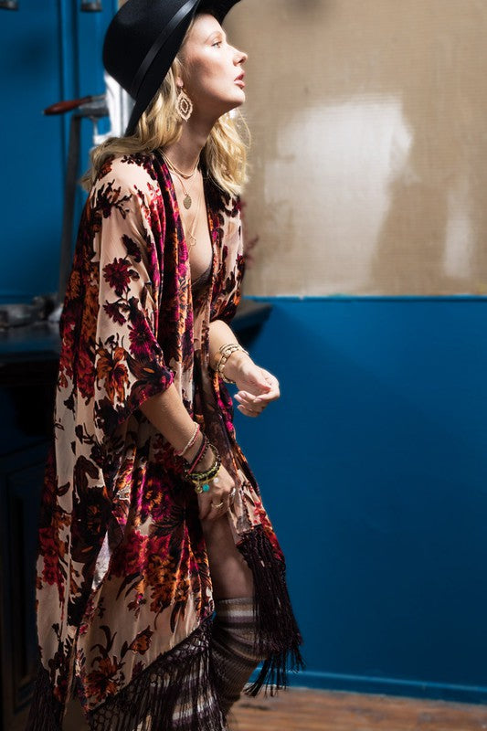 Velvet Burnout Kimono - Beige - Tucker Brown