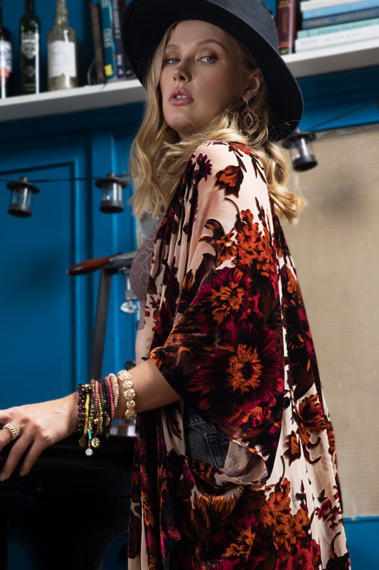 Velvet Burnout Kimono - Beige - Tucker Brown