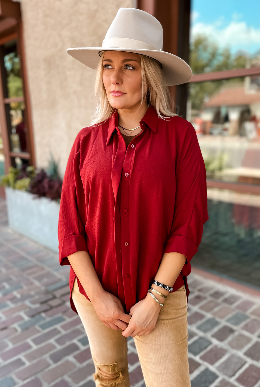 Red Brown Folded Placket Top