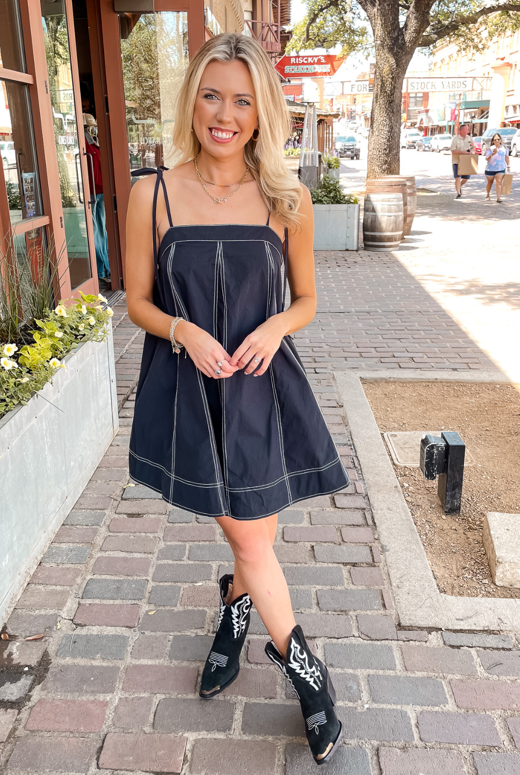 Top Stitch Denim Dress - Black