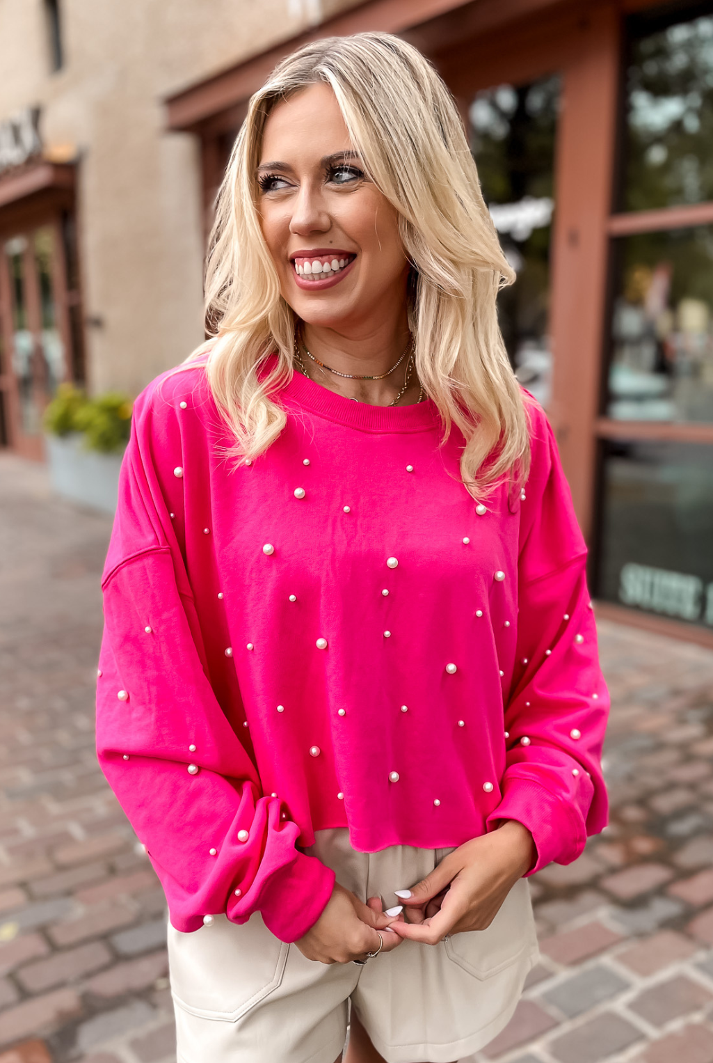 Pearl Cropped Sweatshirt - Fuchsia