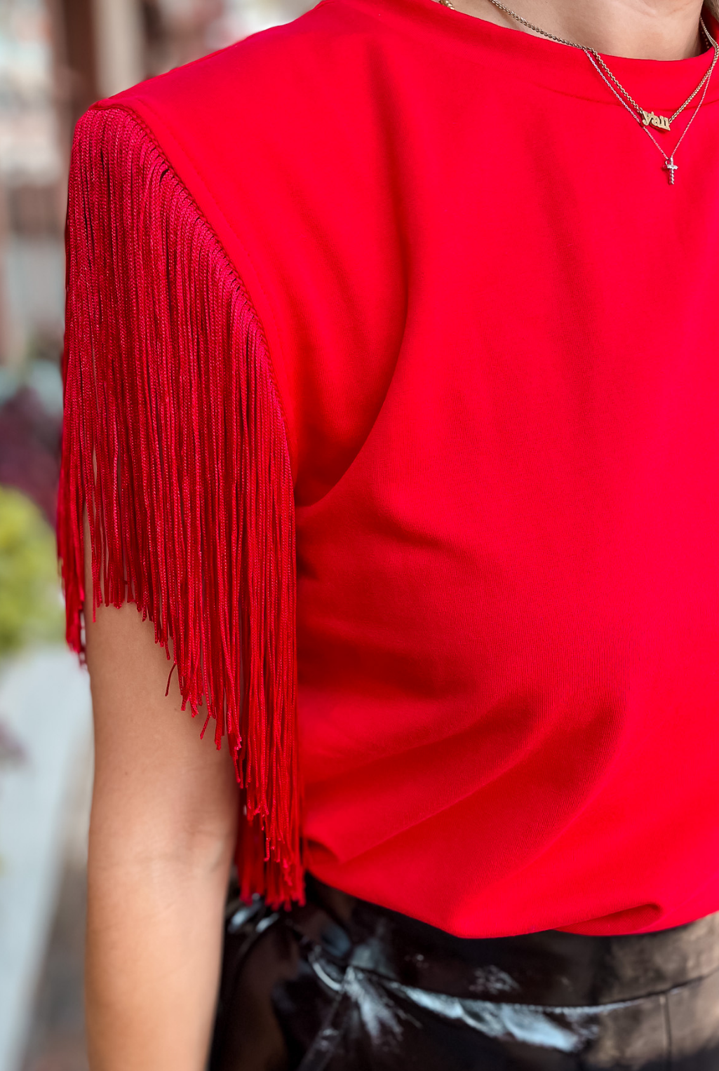 Fringe Detailed Knit Top - Red