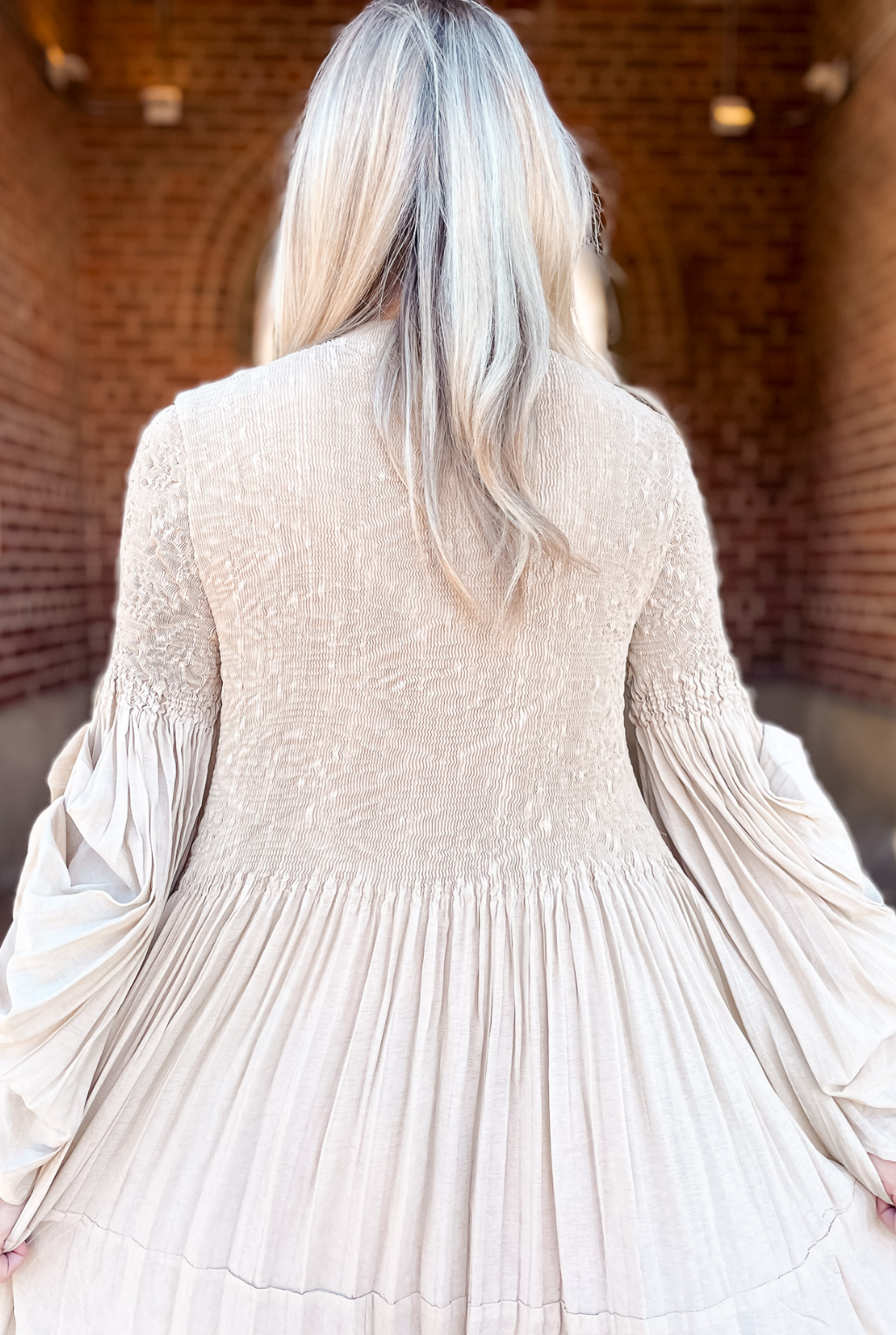 Beaded Smocked Maxi Dress - Beige