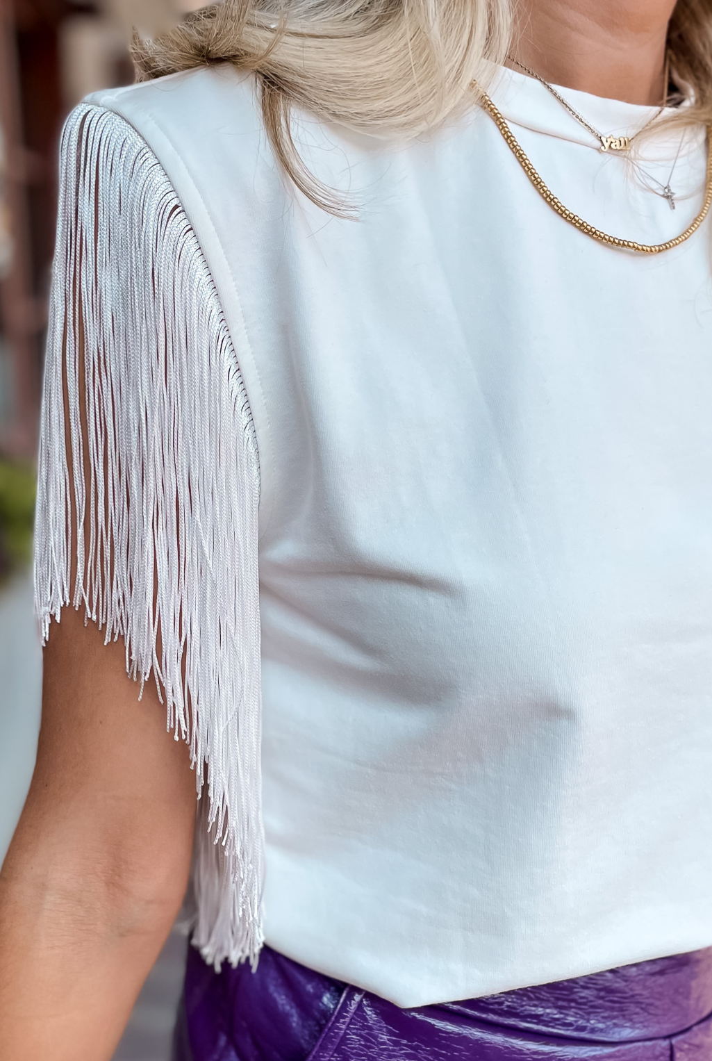 Fringe Detailed Knit Top - White