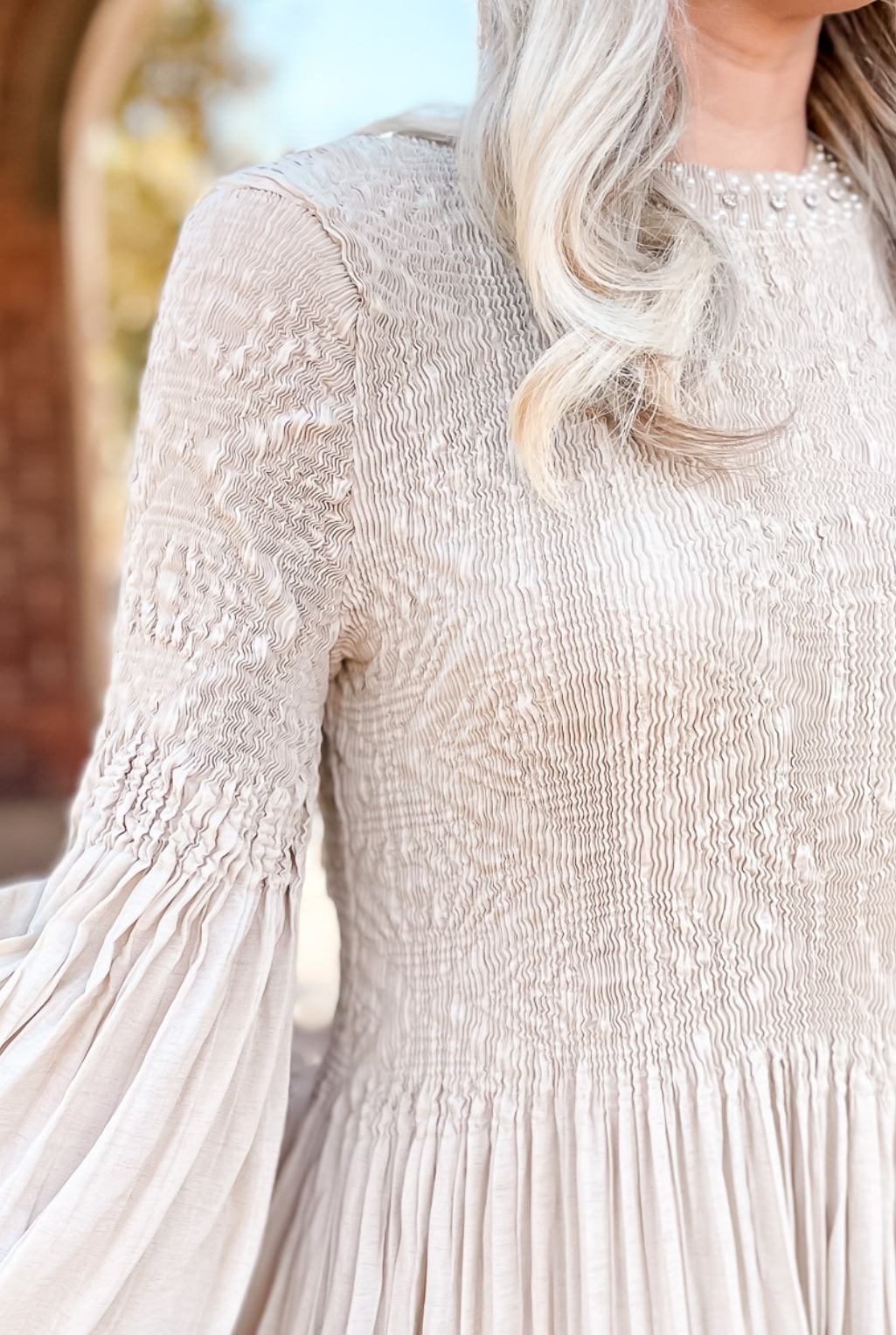 Beaded Smocked Maxi Dress - Beige