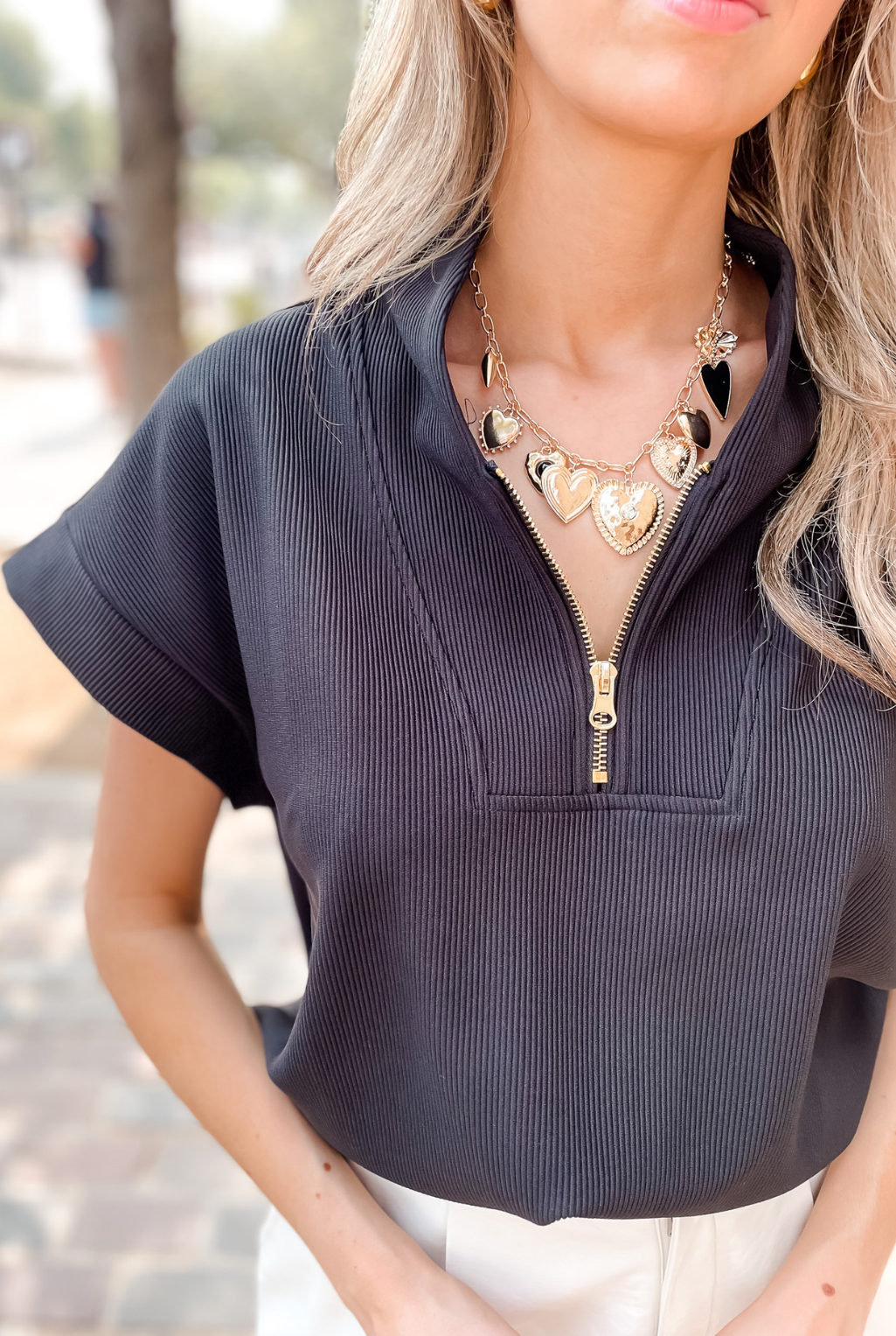 Ribbed Half Zip Top - Black