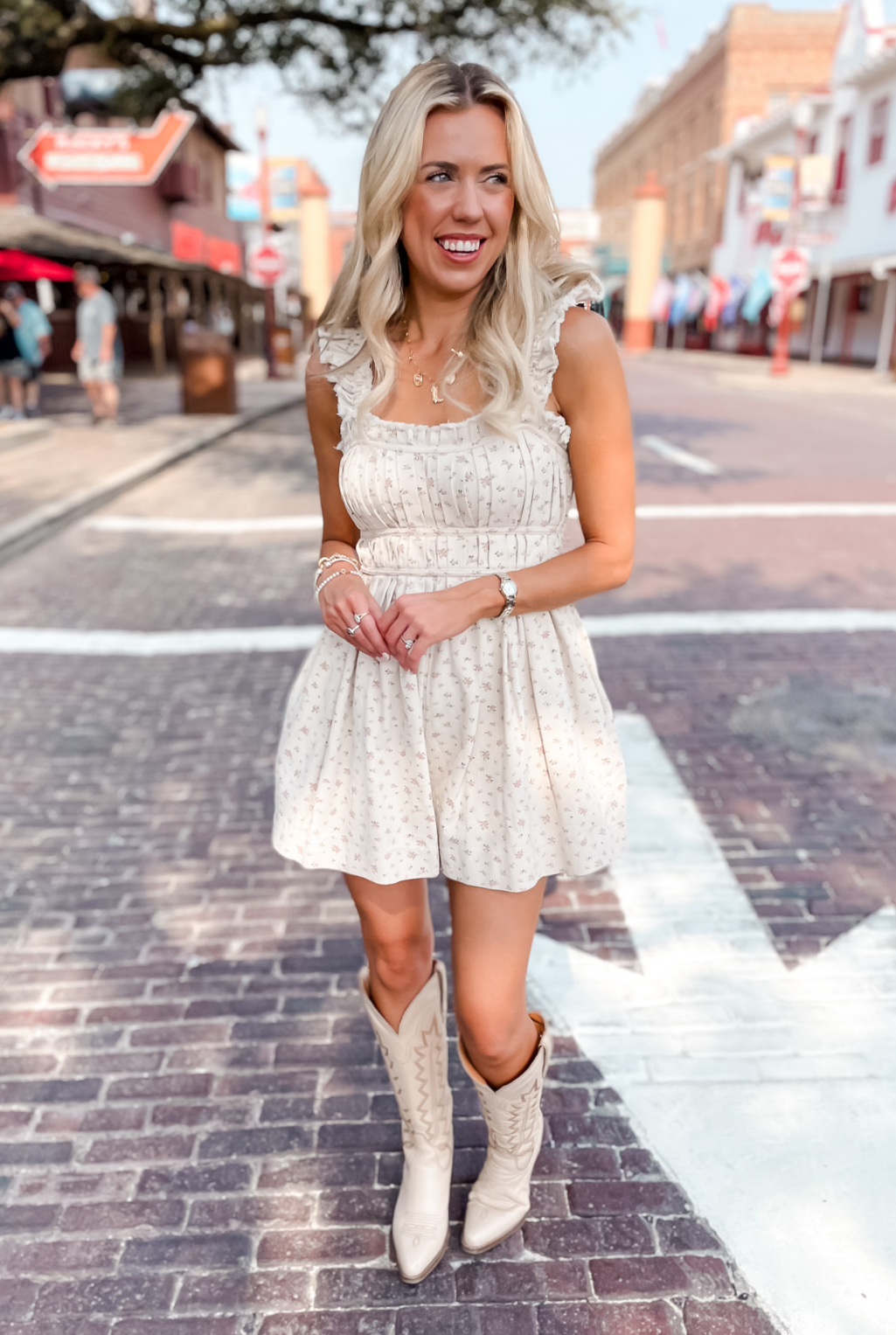 Cottage Roses Pleated Denim Romper