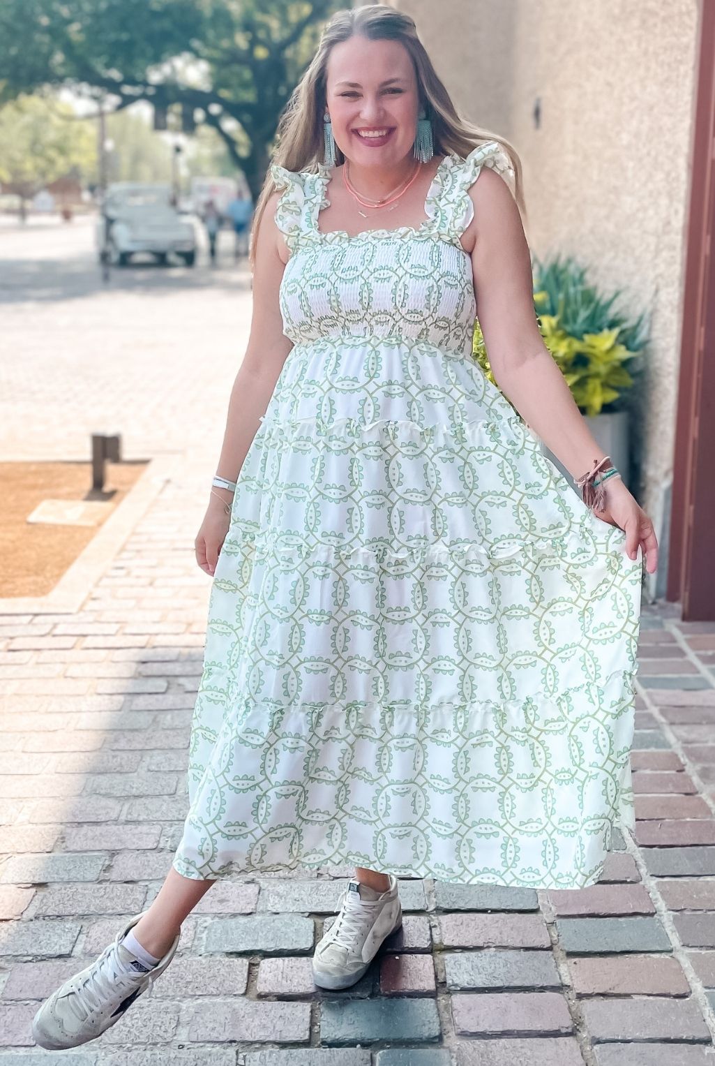 Loren Ruffle Strap Midi Dress - White/Green