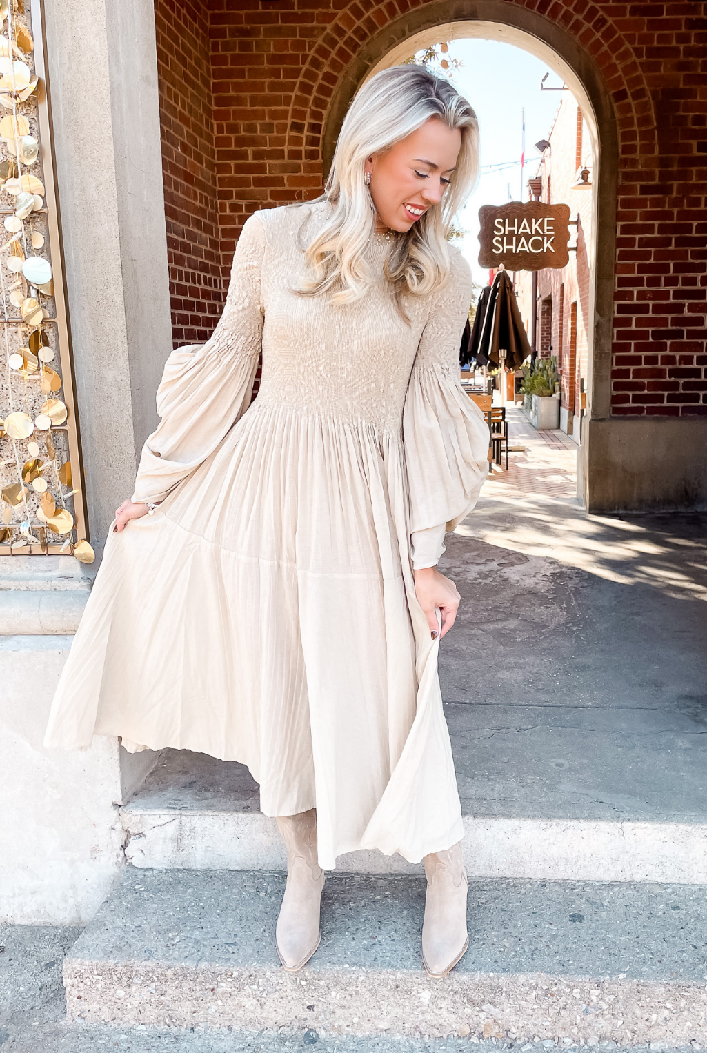 Beaded Smocked Maxi Dress - Beige