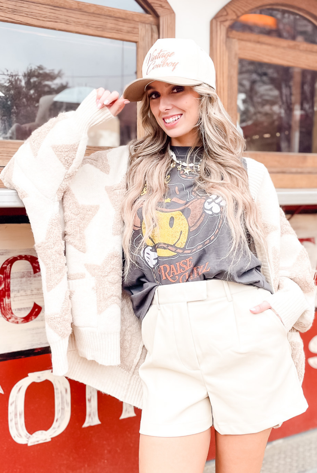 Star Print Boxy Cardigan - Cream