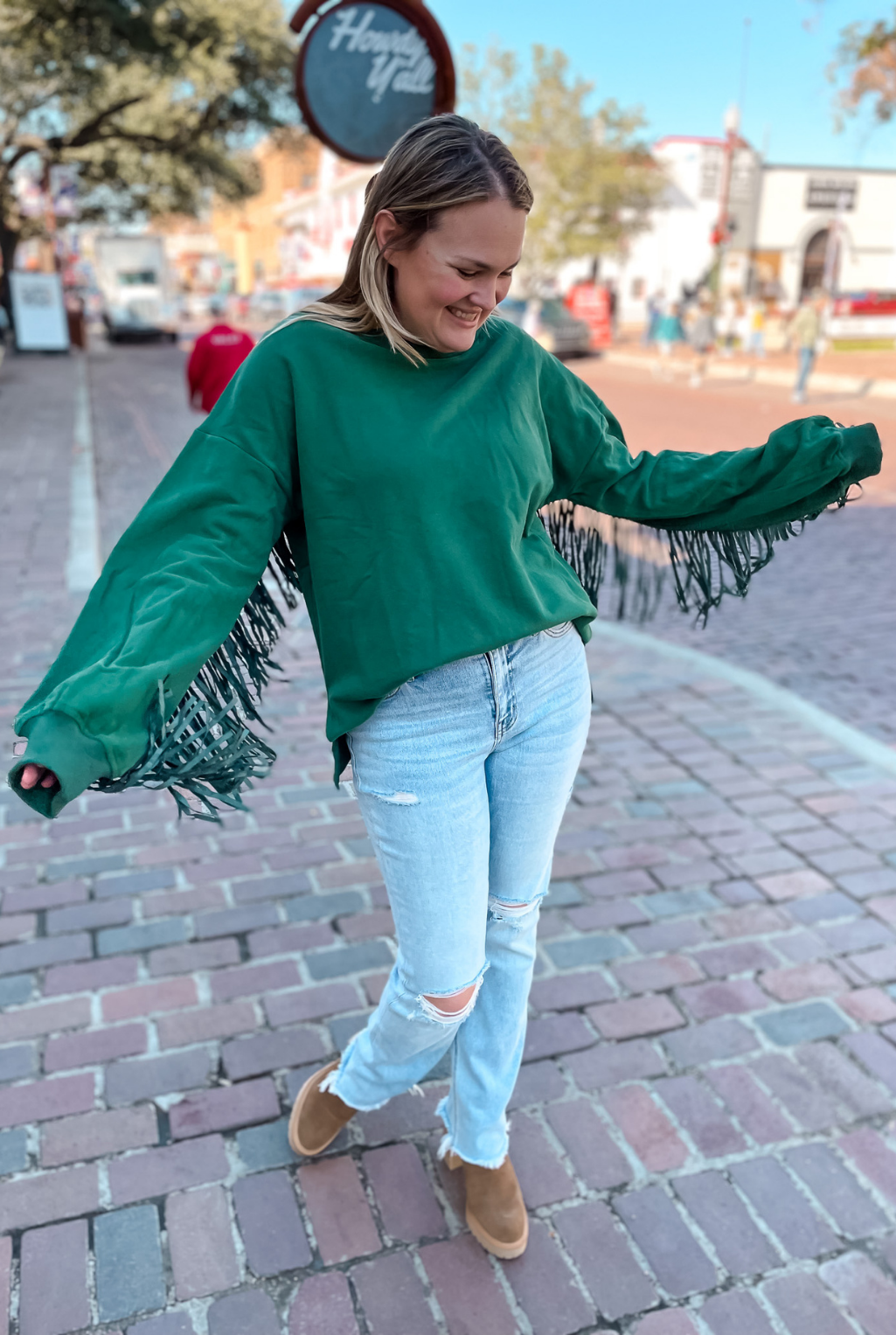 Holiday Colors Fringe Sweatshirt Green Tucker Brown
