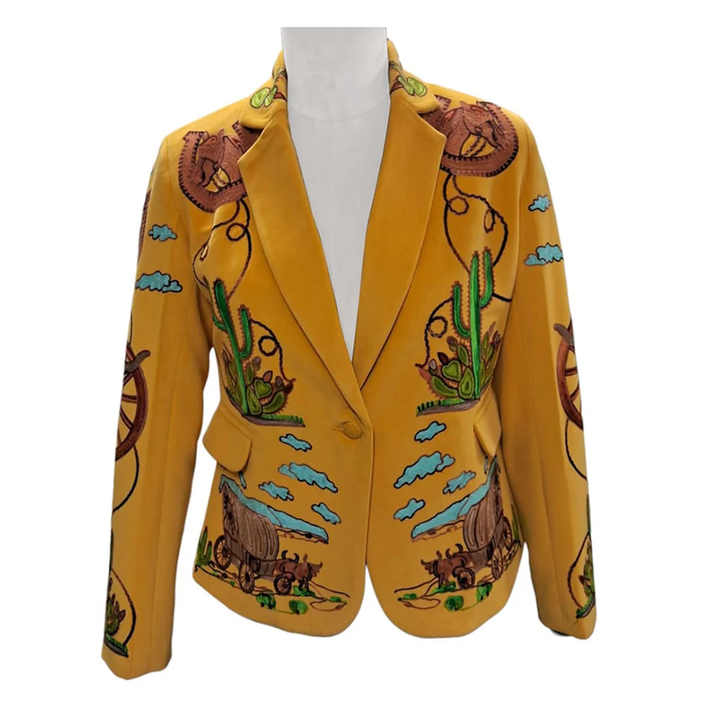 Wagon Wheel Embroidered Blazer - Yellow