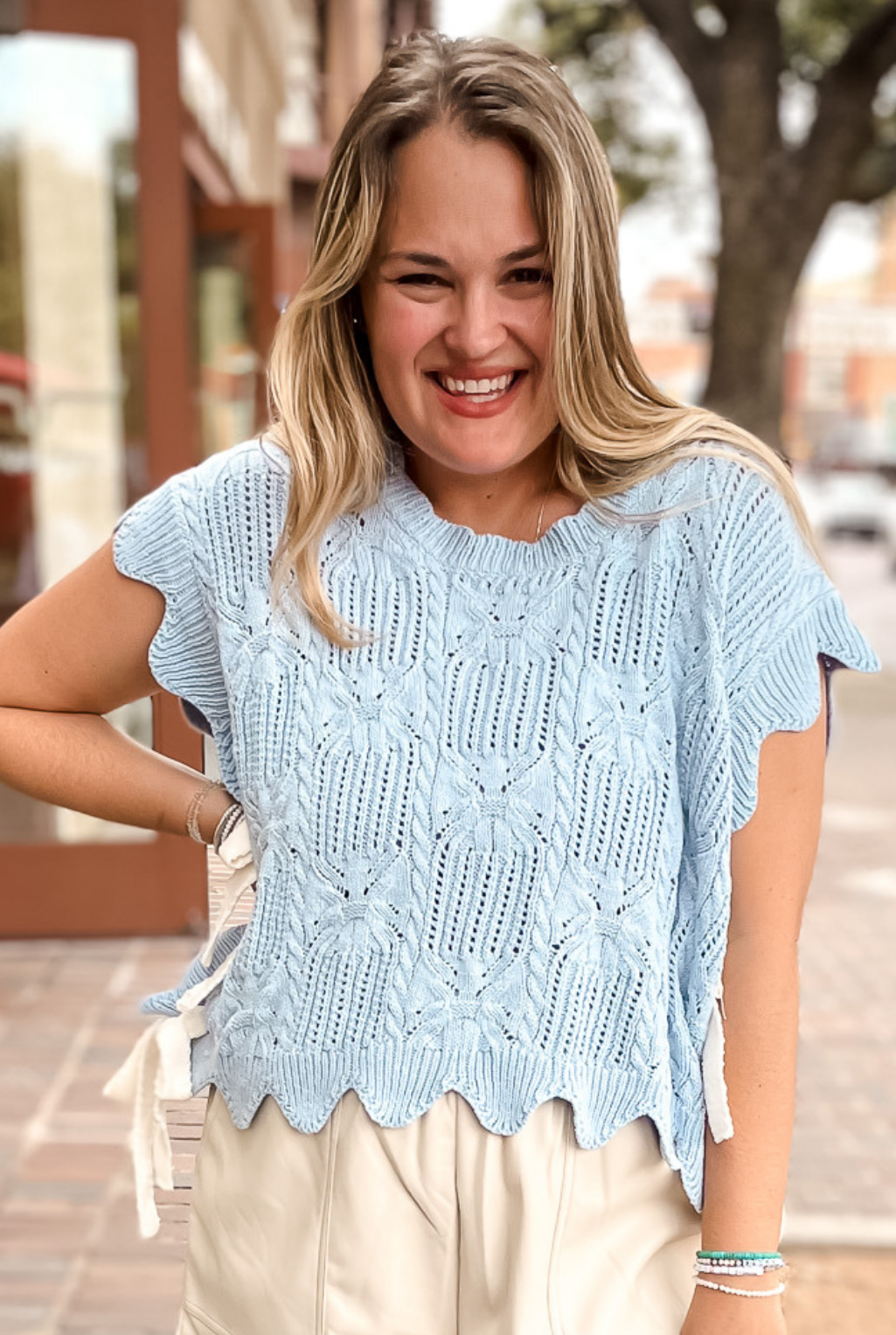 Pointelle Sweater With Side Ties - Blue