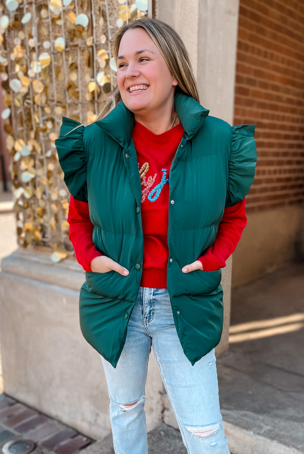 Long Length Ruffle Vest - Green