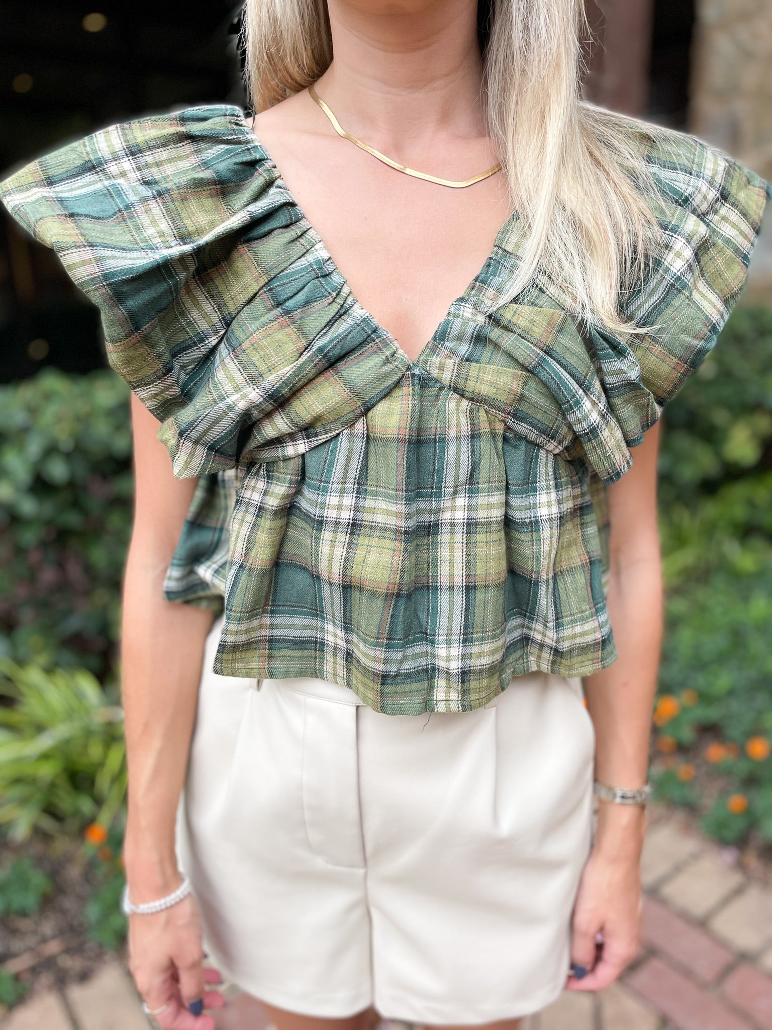Plaid Ruffle Crop Top - Green