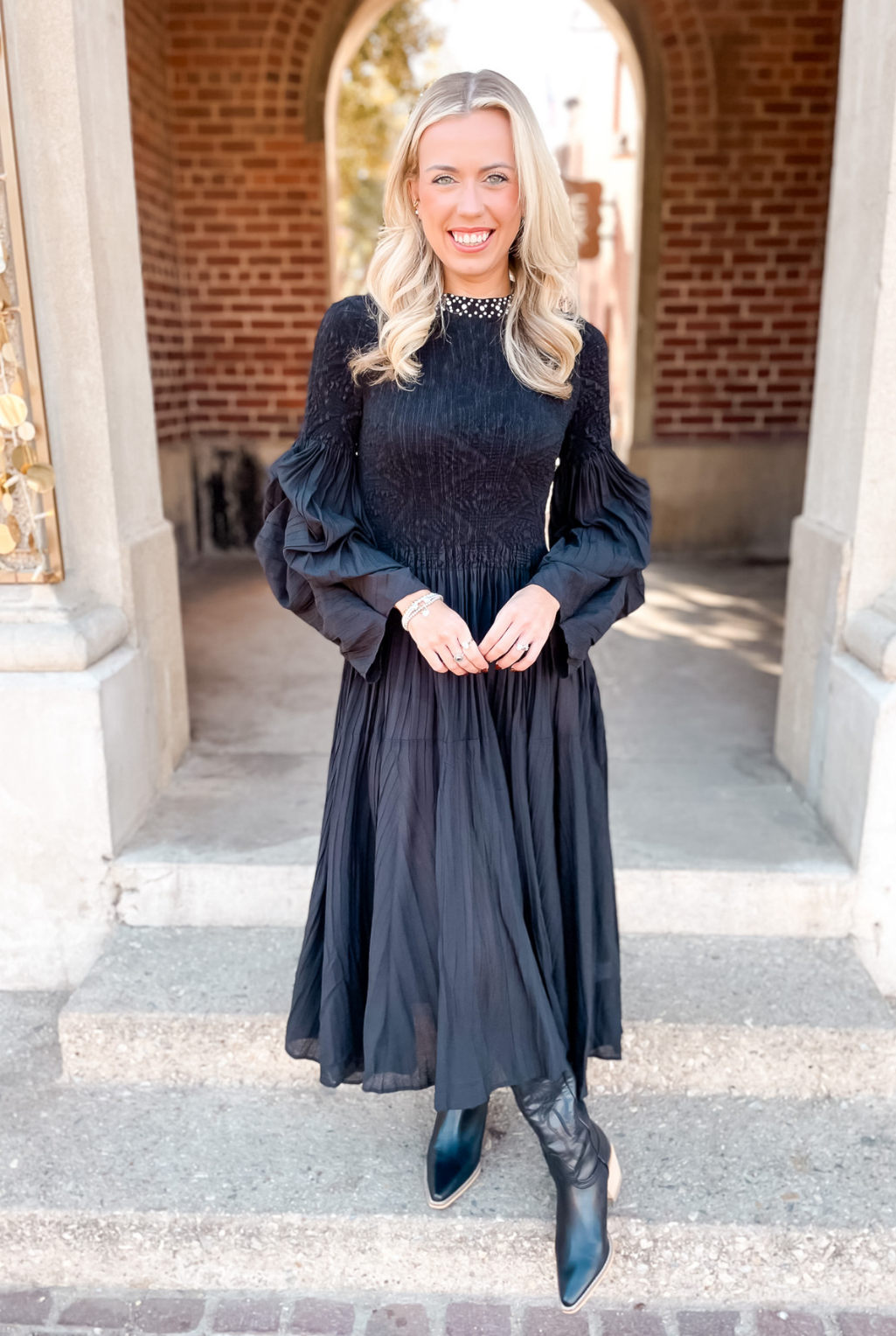 Beaded Smocked Maxi Dress - Black