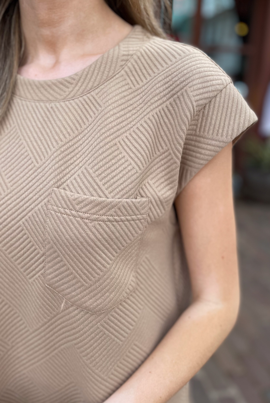 Textured Single Pocket Dress - Tan