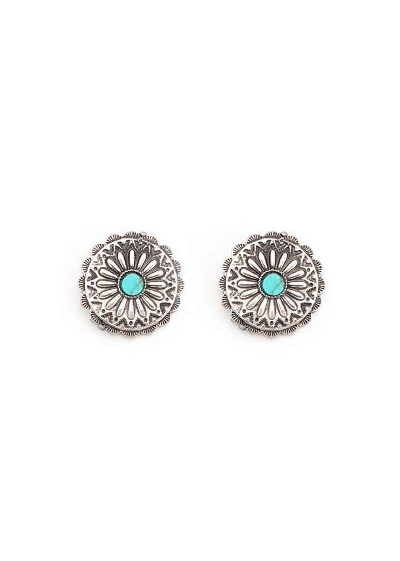 Burnished Silver Flower Concho Post Earring w/ Turquoise