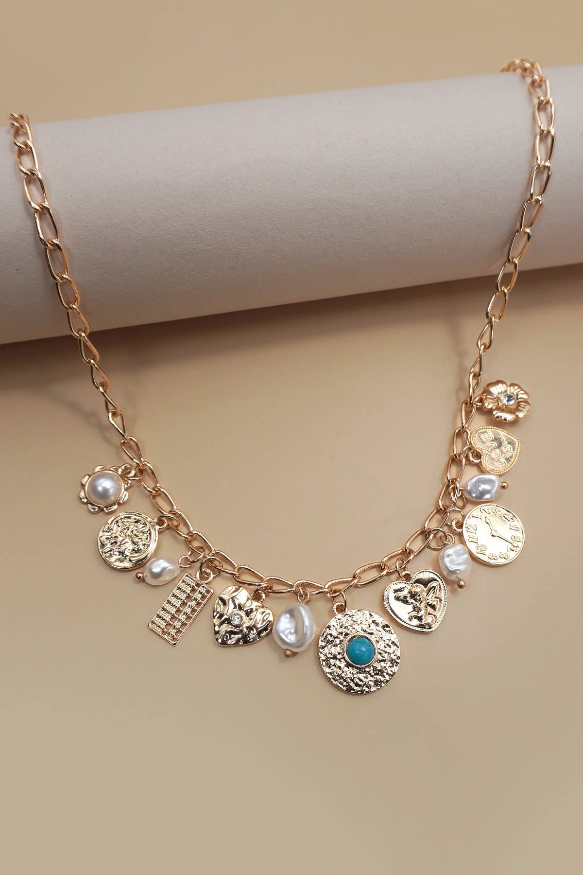 Turquoise Coin & Pearl Charm Necklace