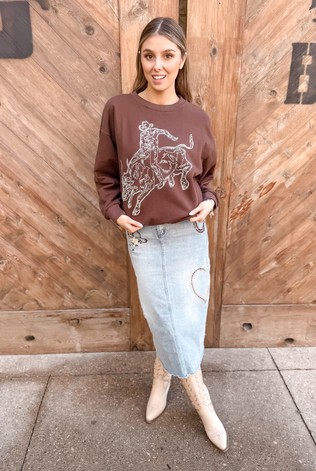 Embroidered Bull Rider Sweatshirt  - Brown