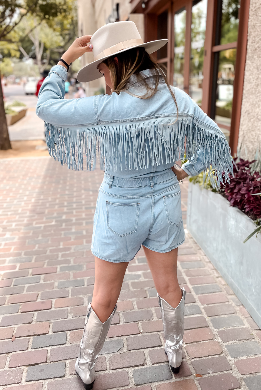 Denim Fringe Romper - Blue