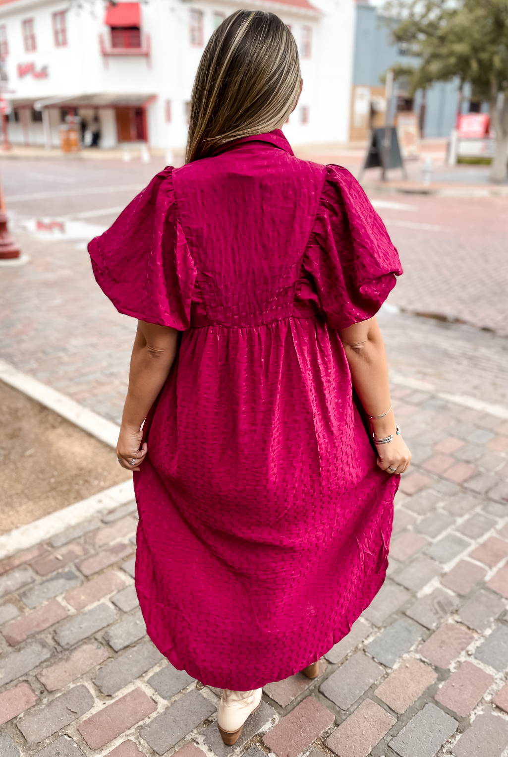 Textured Puff Sleeve Dress - Plum