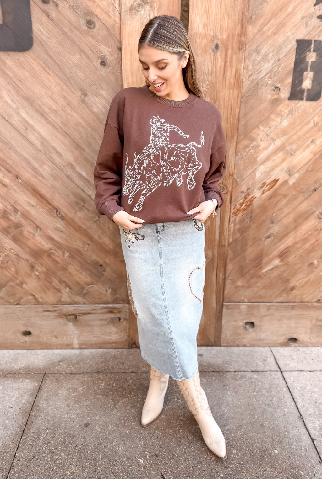 Embroidered Bull Rider Sweatshirt  - Brown